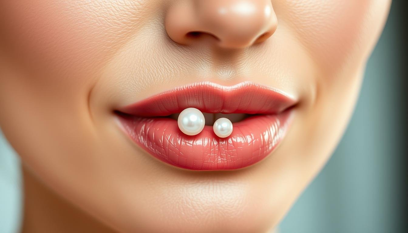 A close-up shot of a woman's lips, showcasing the delicate pearl-like lip pearls adorning her supple pout. The lighting is soft and flattering, highlighting the intricate details and subtle sheen of the pearls. The background is blurred, drawing the viewer's attention solely to the captivating lip pearls. The image exudes a sense of elegance, femininity, and modern skincare sensibilities, reflecting the current perspectives and care recommendations for this unique facial feature.