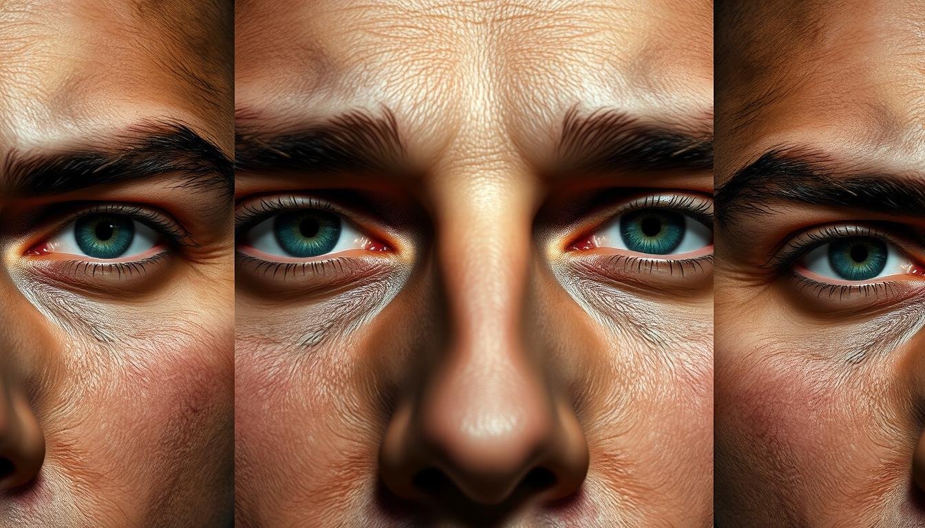 A close-up study of the diverse male eye shapes, rendered with a photorealistic aesthetic. The foreground features a triptych of detailed eye profiles, meticulously capturing the unique contours, creases, and defining characteristics of the brow, lid, and lash line. The middle ground subtly transitions to a neutral, minimalist backdrop, allowing the eyes to be the focal point. Dramatic, directional lighting casts dramatic shadows and highlights, accentuating the intricate anatomical structures. The overall mood is clinical yet compelling, inviting the viewer to analyze and interpret the nuances of each eye type and their potential correlations to personality and destiny.