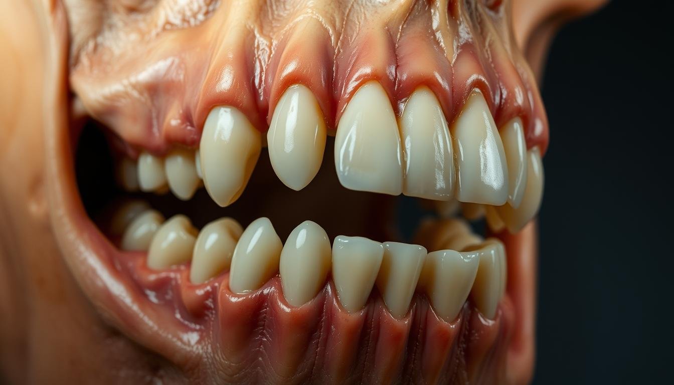 A close-up view of a human jaw, showcasing the intricate structure of the teeth and surrounding tissues. The mouth is slightly open, revealing the crowns of the teeth with prominent overbite. The lighting is soft and directional, casting subtle shadows that accentuate the contours of the jaw and the gum line. The focus is sharp, allowing for a detailed examination of the dental anatomy, including the shape and alignment of the teeth, the texture of the enamel, and the subtle variations in the gum tissue. The overall mood is one of clinical precision and scientific study, inviting the viewer to delve into the underlying causes and mechanisms behind the formation of this distinctive dental feature.