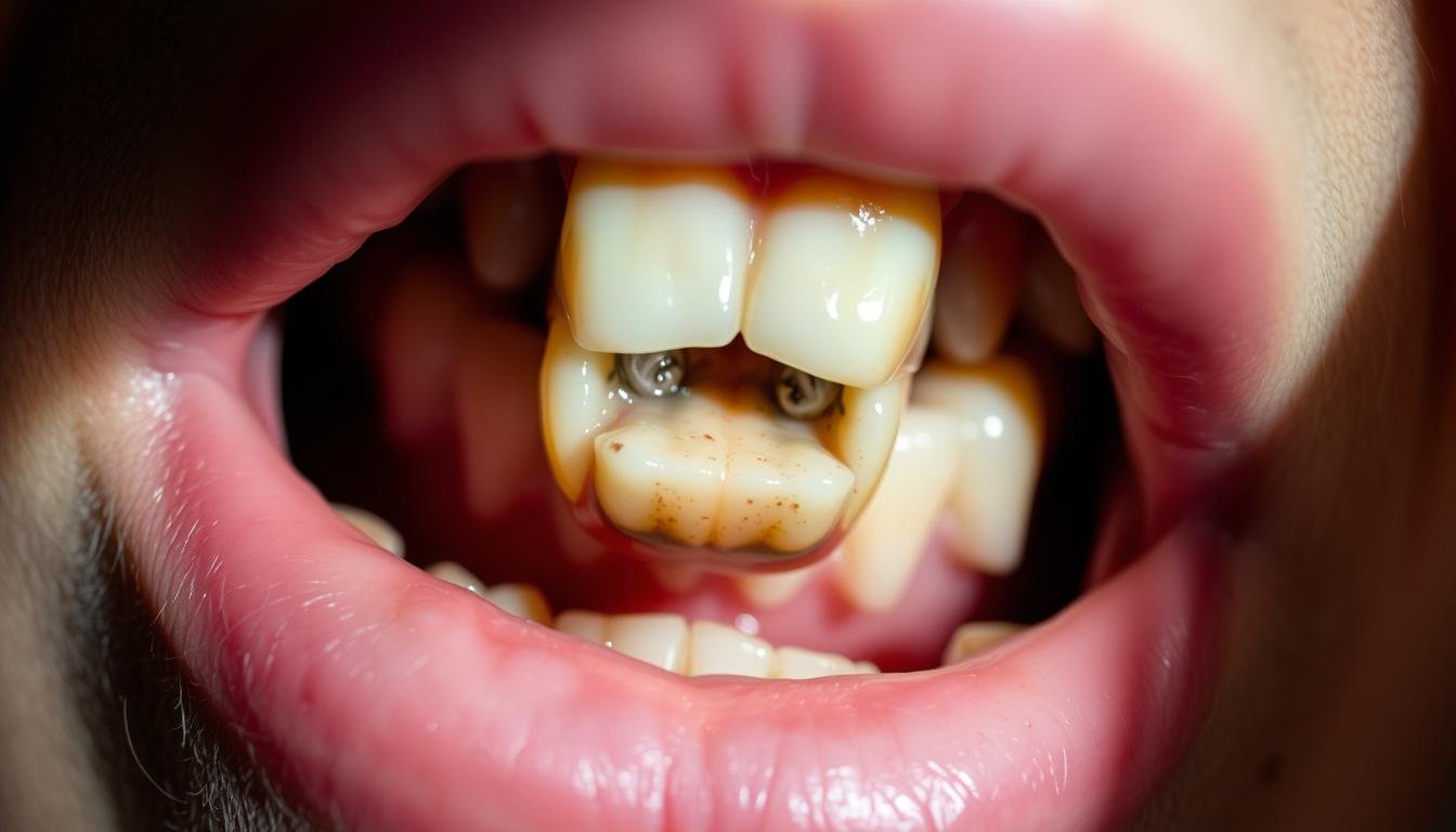 A close-up view of a human mouth, with a prominent tiger-like canine tooth protruding prominently. The tooth is illuminated by soft, diffused lighting, casting subtle shadows that accentuate its unique shape and texture. The surrounding gums and teeth are slightly blurred, drawing the viewer's attention to the striking feature. The image conveys a sense of unease and potential health concerns, hinting at the hidden implications and complexities associated with this distinctive dental trait.