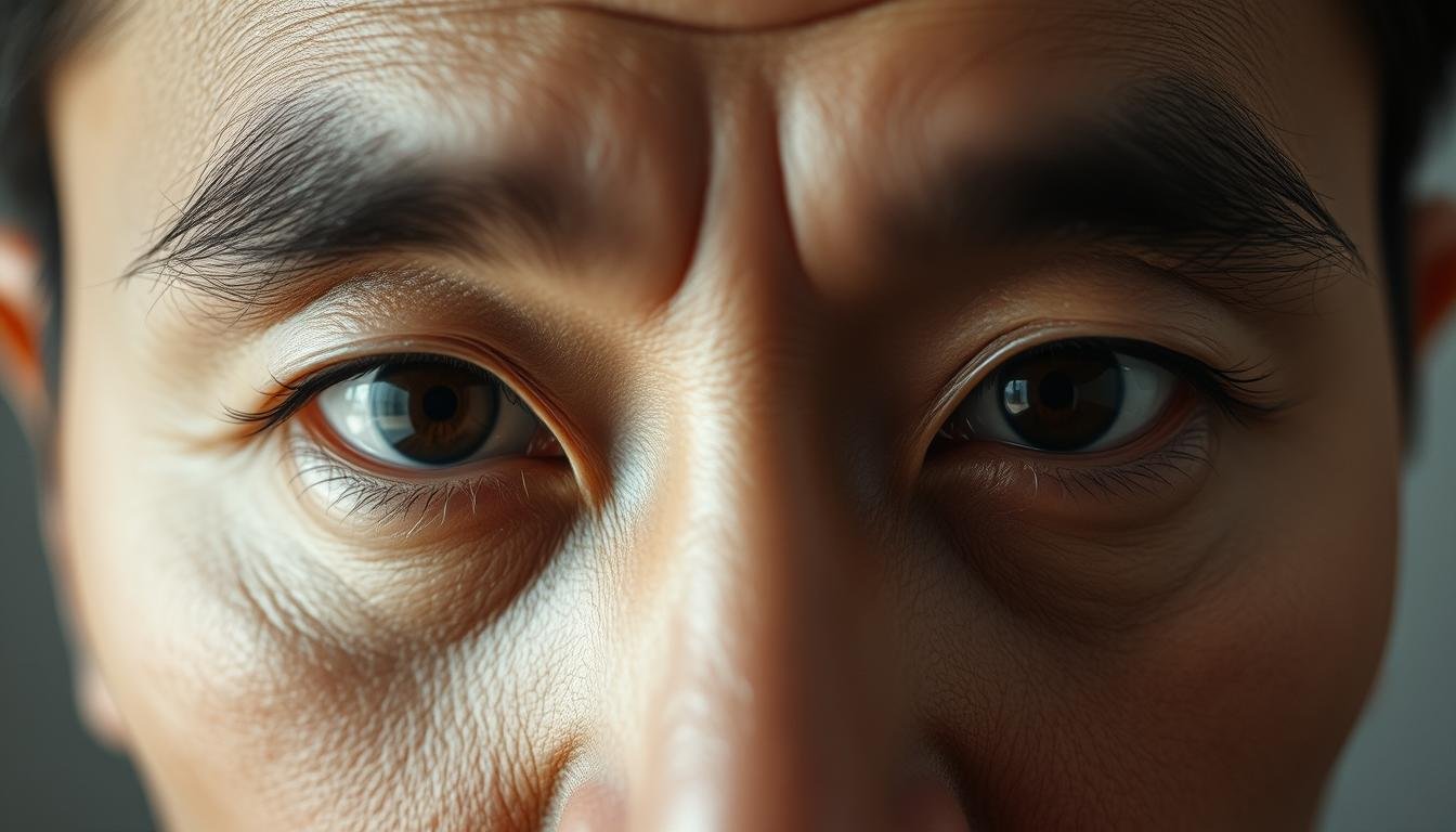 A close-up view of a pair of human eyes, capturing the intricate details of the iris, sclera, and surrounding facial features. The eyes are set against a softly blurred, neutral background, allowing the viewer to focus on the intricacies of the gaze. The lighting is soft and diffused, creating a sense of depth and dimensionality. The eyes are presented in a cross-eyed or crossed-eyed position, revealing the subtle asymmetries and nuances of the eye structure. This striking composition aims to convey the essence of the "无神" or "soulless" facial expression, while inviting the viewer to explore the complexities of traditional Chinese physiognomy.