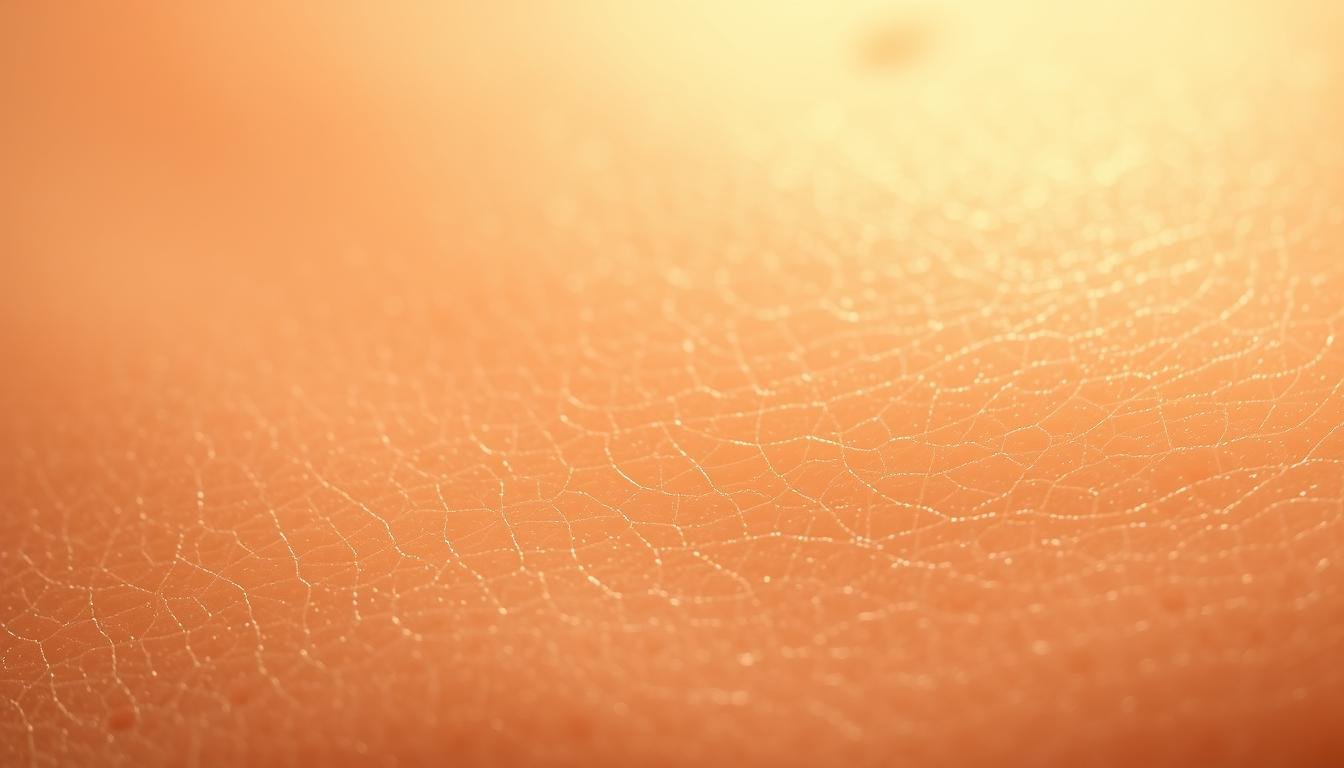 A close-up view of a smooth, healthy-looking human skin sample, captured under warm, diffused lighting. The surface appears luminous, with a soft, even tone and subtle variations in pigmentation. The texture is fine-grained, with a slight sheen, conveying a sense of vitality and well-being. The image focuses on the intricate patterns and structures visible at the microscopic level, revealing the complex, interconnected nature of dermal tissue. The overall composition is clean, minimalist, and scientific in nature, emphasizing the medical and diagnostic aspects of the subject matter.
