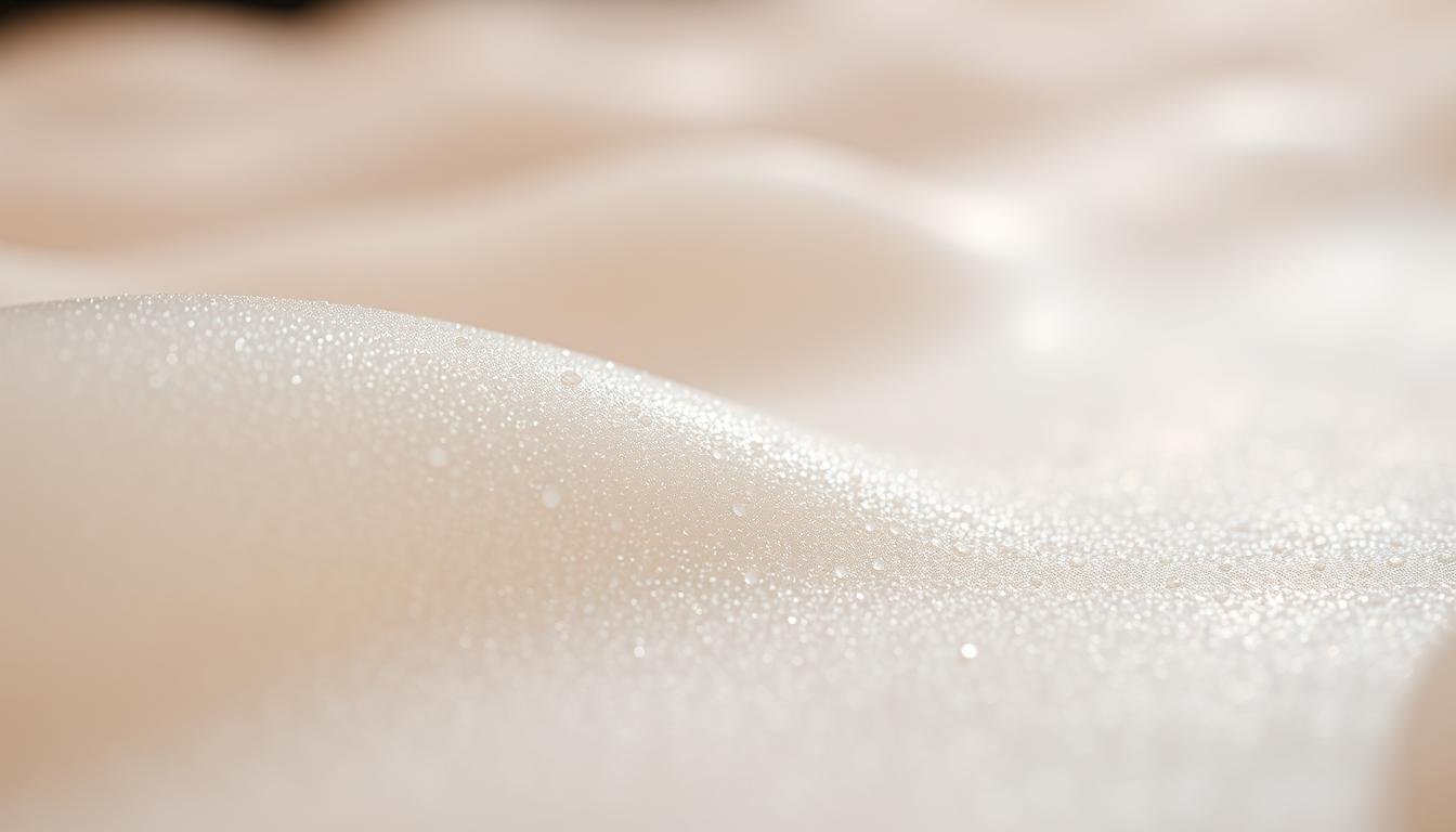 A close-up view of a smooth, translucent slab of collagen-based biomaterial, glimmering under soft, diffused lighting. The surface exhibits a delicate, pearlescent sheen, revealing the intricate microstructure of the regenerative matrix. In the foreground, the material appears to undulate subtly, hinting at its pliable, yet resilient nature. The middle ground showcases the material's seamless integration with surrounding tissues, blending effortlessly to create a harmonious, natural-looking composition. The background is softly blurred, allowing the viewer to focus on the innovative, cutting-edge qualities of this advanced medical technology.