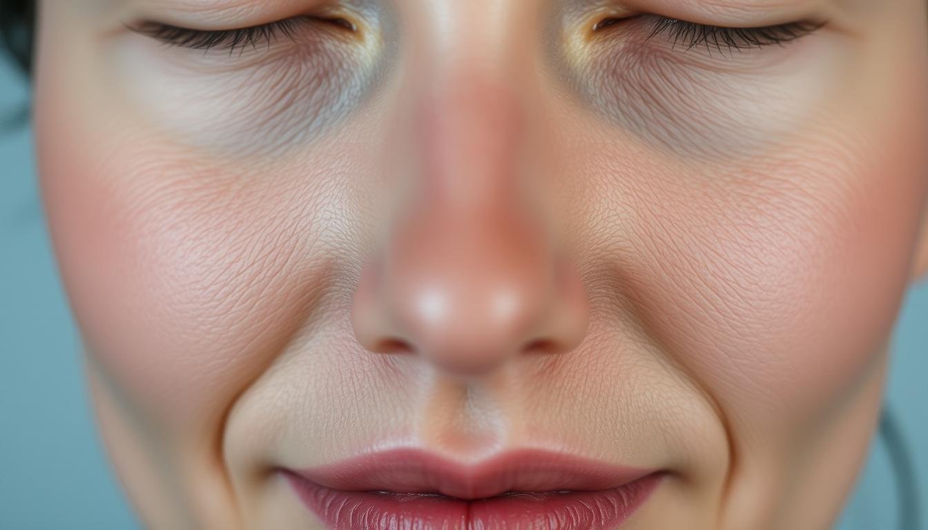 A close-up view of two distinct facial features - the "laugh lines" (nasolabial folds) and the "marionette lines" (mentolabial folds) - on a neutral, subtly lit face. The "laugh lines" curve gently upwards, giving an expression of warmth and openness, while the "marionette lines" extend downwards, suggesting a more serious, contemplative demeanor. The skin is smooth, with a soft, porcelain-like texture, allowing the nuanced differences between these two types of facial lines to be clearly observed. The lighting is diffused and slightly shadowy, creating depth and dimensionality, highlighting the contours of the face. The overall mood is one of quiet introspection, inviting the viewer to study the intricate details of this fascinating facial anatomy.