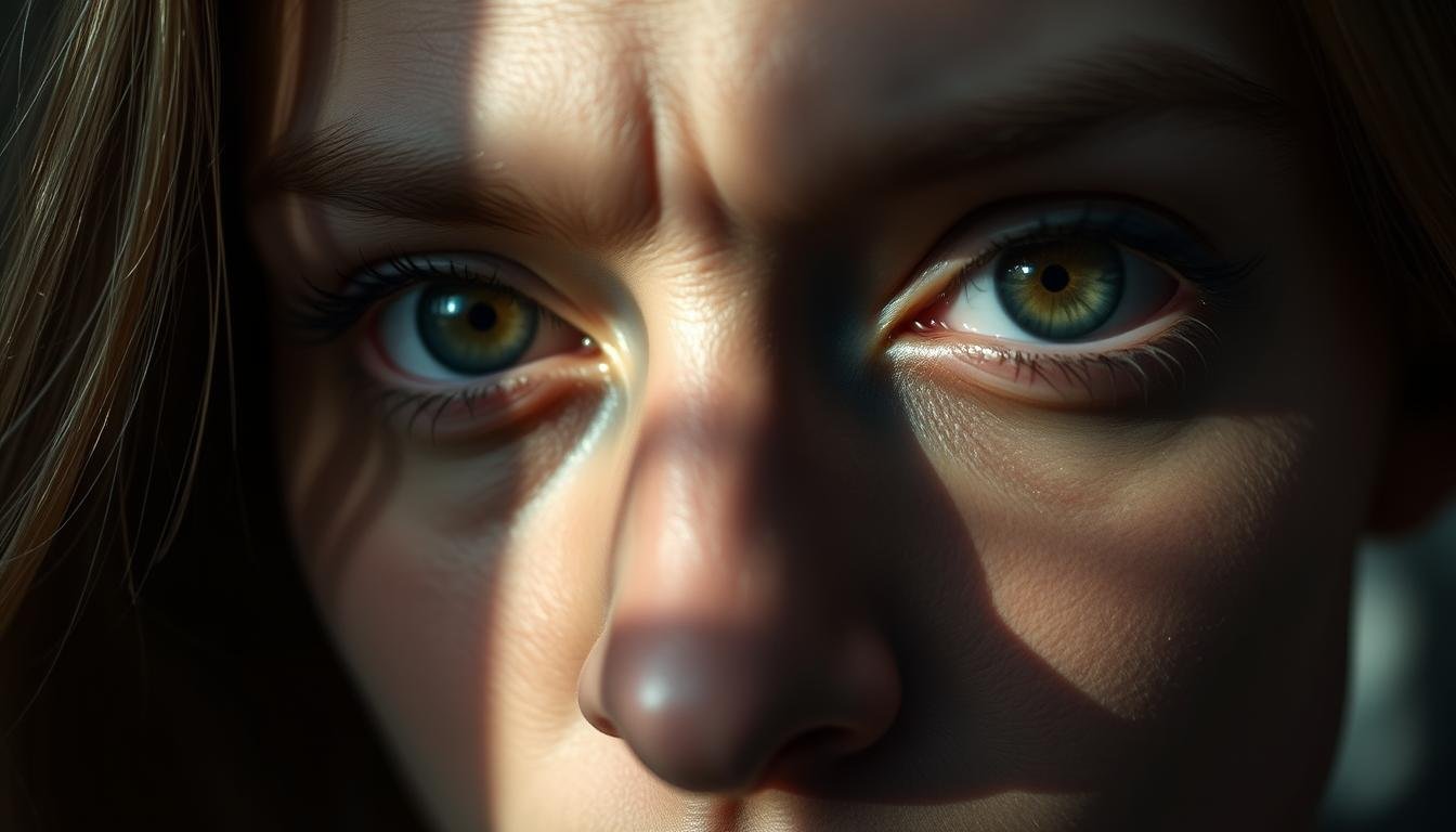 A closeup portrait of a face with distinct, captivating eyes. The eyes are the focal point, with an intense, introspective gaze that reveals the subject's depth of character. The lighting is soft and directional, creating subtle shadows that accentuate the unique eye shape and facial features. The background is blurred, keeping the attention on the face. The overall mood is pensive, hinting at the hidden meanings and insights that can be gleaned from this individual's physiognomy. The image conveys a sense of mystery and the potential for deeper understanding through the study of this person's distinctive eye type and facial structure.