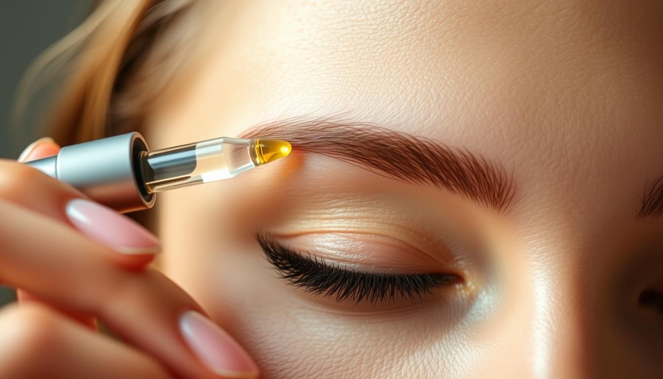 A closeup shot of a human hand carefully applying a nourishing hair serum or oil to sparse, thinning eyebrows. The skin around the brows is smooth and healthy, and the lighting is soft and diffused, creating a warm, inviting atmosphere. The product bottle is visible in the frame, showcasing its luxurious packaging and natural ingredients. The depth of field is shallow, keeping the focus on the intricate details of the brow grooming process. The overall mood is one of tranquility, self-care, and the gradual rejuvenation of sparse eyebrows through targeted nutrition and daily maintenance. A closeup shot of a human hand carefully applying a nourishing hair serum or oil to sparse, thinning eyebrows. The skin around the brows is smooth and healthy, and the lighting is soft and diffused, creating a warm, inviting atmosphere. The product bottle is visible in the frame, showcasing its luxurious packaging and natural ingredients. The depth of field is shallow, keeping the focus on the intricate details of the brow grooming process. The overall mood is one of tranquility, self-care, and the gradual rejuvenation of sparse eyebrows through targeted nutrition and daily maintenance.