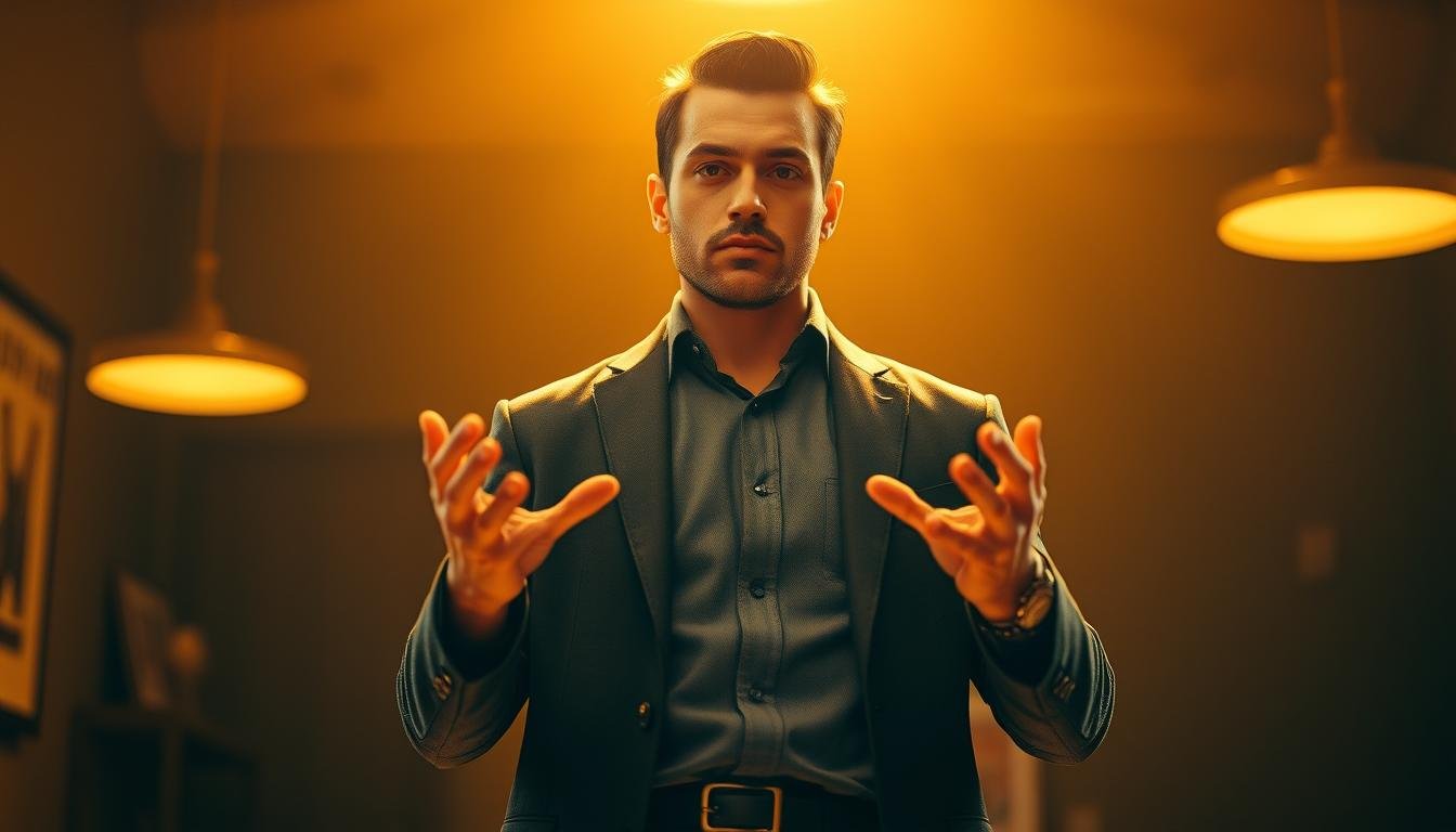 A confident, charismatic figure stands in the center, his body language radiating authority and persuasion. The scene is bathed in warm, golden lighting, creating an aura of influence and magnetism. The background is blurred, keeping the focus on the subject's expressive gestures and captivating presence. The camera angle is slightly elevated, looking down on the figure, conveying a sense of power and leadership. The composition is balanced, with the subject's stance and positioning commanding attention. Intricate details of the subject's attire and facial features are rendered with precision, allowing the viewer to fully immerse in the persona of the "大話王".