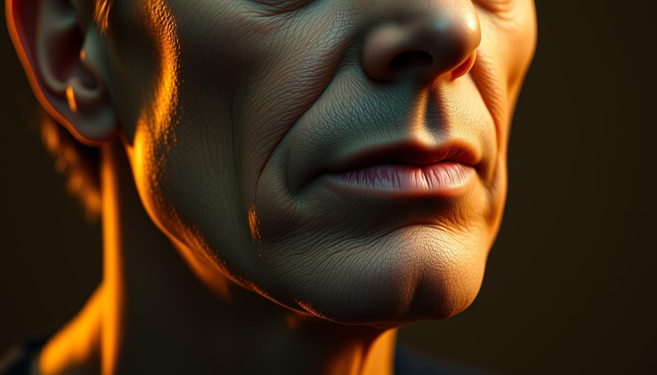 A contemplative portrait of a thoughtful person's chin and jawline, illuminated by soft, warm lighting that casts subtle shadows and highlights the subtle contours and textures of the skin. The face is positioned in a three-quarter view, allowing the viewer to study the shape and structure of the chin in detail. The background is slightly blurred, keeping the focus on the subject's expressive features. The overall mood is one of introspection and analysis, hinting at the hidden meanings and insights that can be found in the study of physiognomy.