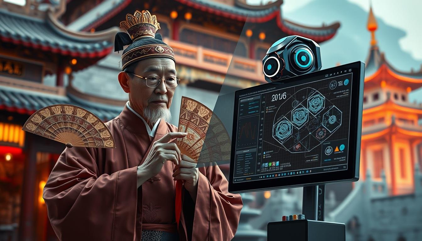 A contrast scene of a traditional Chinese divination expert in formal robes, deeply engaged in ancient techniques, juxtaposed with a modern AI system analyzing complex data visualizations. The expert gestures with an ornate fan, while the AI's screen displays dynamic neural network models. Warm, natural lighting illuminates the contrast between old and new, wisdom and technology. The background blends traditional Chinese architectural elements with sleek, futuristic structures, hinting at the convergence of ancient practices and cutting-edge innovation. An atmospheric, thoughtful composition that invites the viewer to ponder the intersections of tradition and progress. A contrast scene of a traditional Chinese divination expert in formal robes, deeply engaged in ancient techniques, juxtaposed with a modern AI system analyzing complex data visualizations. The expert gestures with an ornate fan, while the AI's screen displays dynamic neural network models. Warm, natural lighting illuminates the contrast between old and new, wisdom and technology. The background blends traditional Chinese architectural elements with sleek, futuristic structures, hinting at the convergence of ancient practices and cutting-edge innovation. An atmospheric, thoughtful composition that invites the viewer to ponder the intersections of tradition and progress.
