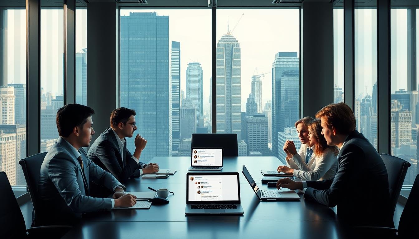 A corporate office setting with a large conference table, framed by tall windows showcasing a bustling city skyline. On the table, a laptop displays social media comments from online users, while brand representatives engage in a heated discussion, their body language conveying the weight of the situation. The atmosphere is tense, with subtle lighting casting dramatic shadows, hinting at the complexities of navigating public perception and corporate reputation in the digital age. A corporate office setting with a large conference table, framed by tall windows showcasing a bustling city skyline. On the table, a laptop displays social media comments from online users, while brand representatives engage in a heated discussion, their body language conveying the weight of the situation. The atmosphere is tense, with subtle lighting casting dramatic shadows, hinting at the complexities of navigating public perception and corporate reputation in the digital age.