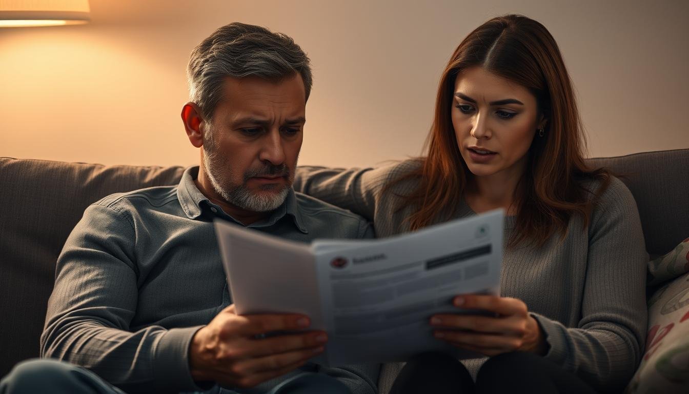 A couple seated on a couch, examining a medical document together. The man's forehead is slightly indented, the woman appears concerned. Soft, warm lighting illuminates their faces, creating a contemplative, introspective atmosphere. The background is blurred, drawing focus to the central figures. The scene conveys a sense of discussion, analysis, and the search for solutions to address the man's facial feature. Photorealistic rendering, high detail, cinematic composition.