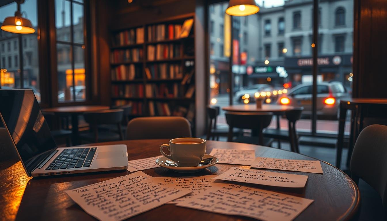 A cozy cafe interior, dimly lit with warm, golden lighting. In the foreground, a wooden table with a laptop, a cup of steaming coffee, and several handwritten user reviews scattered across the surface. The reviews are written in elegant calligraphy, conveying a sense of authenticity and personal experience. In the middle ground, a bookshelf filled with various volumes, adding to the intellectual, contemplative atmosphere. The background features a large window overlooking a bustling city street, creating a sense of connection between the private, introspective space and the vibrant urban environment outside. The overall mood is one of thoughtful reflection, as the user reviews provide a window into the real-world experiences and perspectives of those who have interacted with the AI face analysis system.