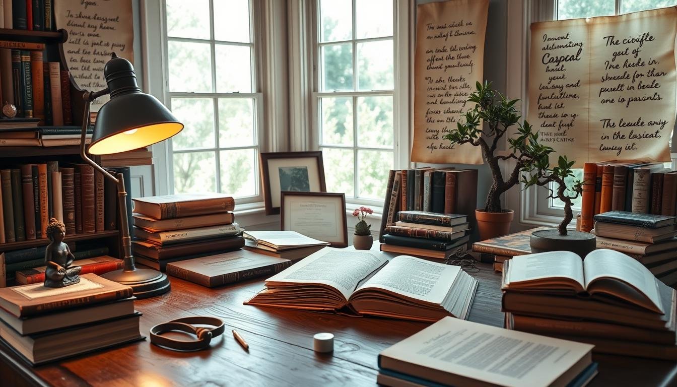 A cozy study filled with an assortment of hardcover books on personal growth and development. A leather-bound journal lies open on a worn wooden desk, alongside a vintage-style desk lamp casting a warm glow. Scattered throughout the space are tokens of wisdom - a carved meditation statue, a framed certificate, and a potted bonsai tree. The walls are adorned with inspirational quotes hand-lettered on parchment paper, creating an atmosphere of contemplation and introspection. Gentle sunlight filters in through large windows, illuminating the peaceful, contemplative setting - a sanctuary for learning, reflection and transformation.
