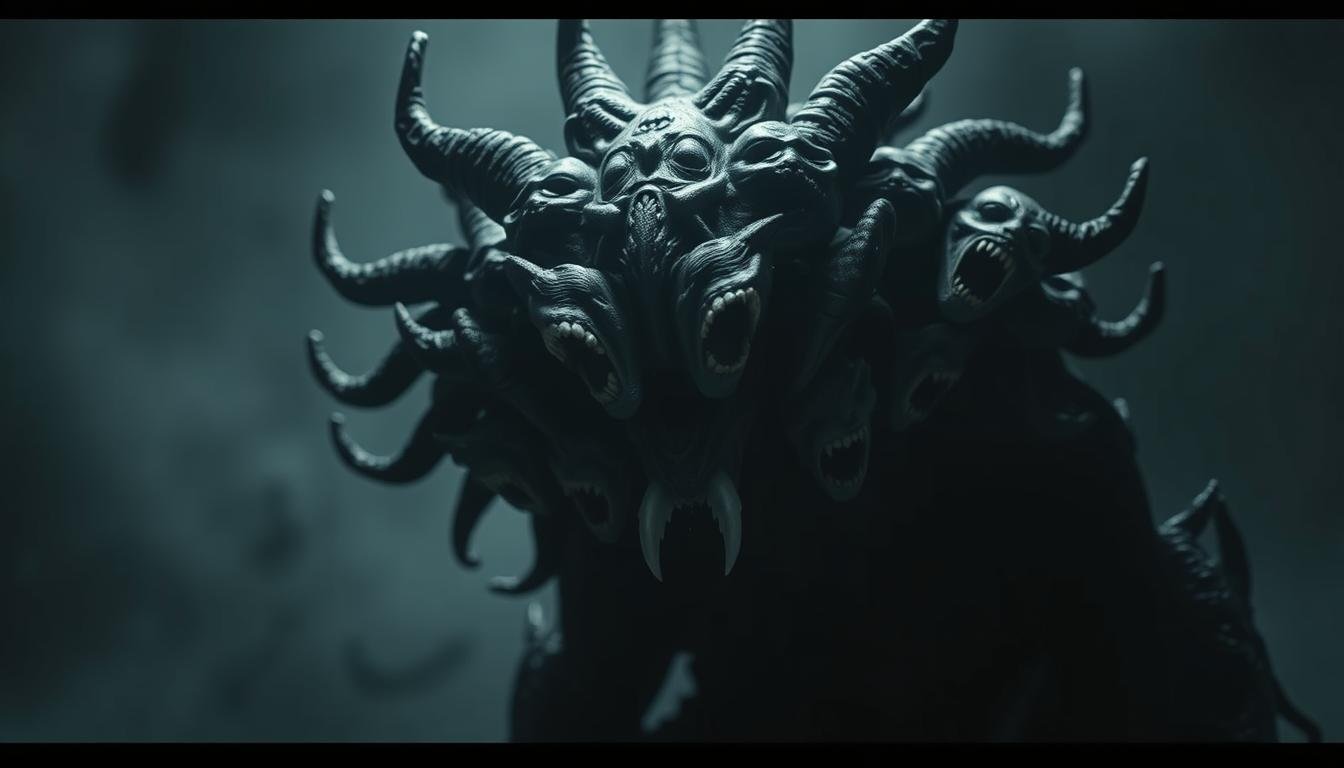 A dark, ominous figure emerges from the shadows, its twenty distinct faces contorting and shifting, a kaleidoscope of emotions and identities. The lighting is dramatic, with deep shadows and highlights that accentuate the intricate details of the creature's features. The camera angle is slightly low, creating a sense of looming presence and power. The background is a blurred, abstract realm, hinting at the expansive universe in which this enigmatic being exists. The overall atmosphere is one of mystery, wonder, and a touch of the supernatural, capturing the essence of the iconic "Kaijin Nijū Mensō Den" character and the cross-media narrative it inhabits.