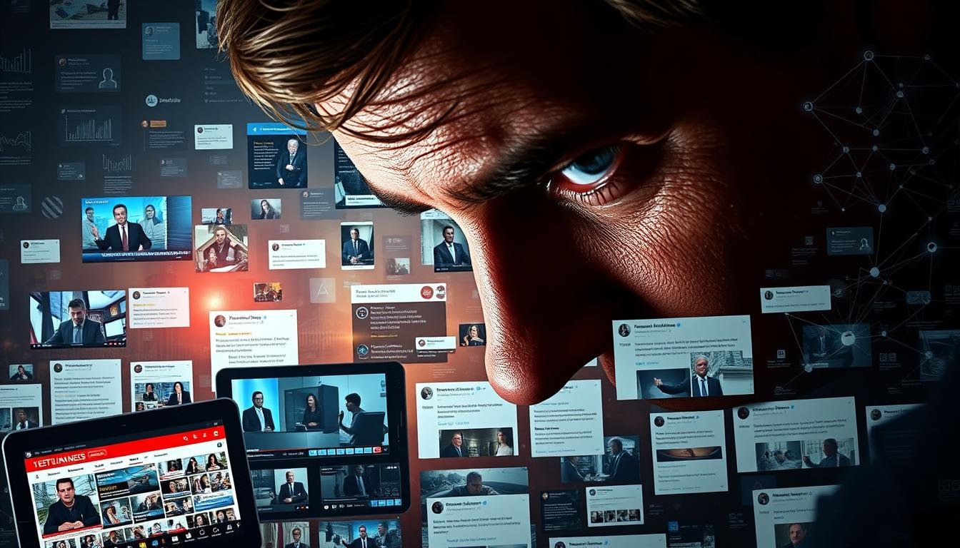 A deep, introspective gaze peers over a meticulously curated social media timeline, revealing interconnected threads of online discourse and news coverage. In the foreground, an array of digital devices showcase live broadcasts, commentary, and breaking reports, creating a tapestry of real-time information. The middle ground showcases a dynamic timeline, with scrolling posts, shares, and interactions, reflecting the rapid spread of ideas and narratives. The background blends a subtle haze of data visualizations, algorithms, and interconnected networks, hinting at the complex mechanisms underlying the dissemination of knowledge and perspectives. The overall atmosphere evokes a sense of scrutiny, analysis, and the unraveling of deeper truths from the avalanche of digital content.