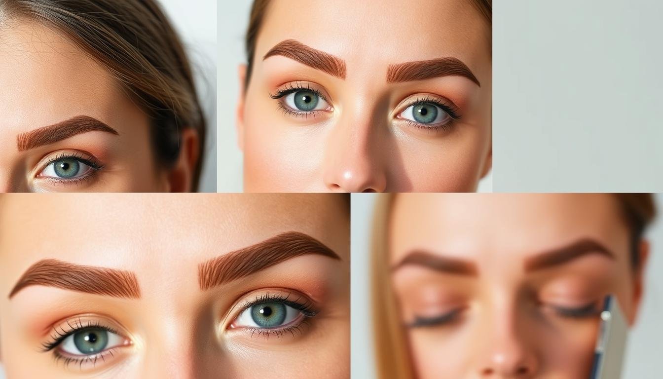 A detailed analysis of different eyebrow shapes, depicted in a visually striking manner. The foreground features a close-up of a pair of expressive, meticulously groomed eyebrows in various styles - arched, straight, curved, and angled. The middle ground showcases the corresponding facial features and expressions, highlighting how the eyebrow shape influences the overall appearance and personality. The background provides a minimalist, neutral setting, allowing the eyebrow study to be the central focus. Soft, natural lighting illuminates the scene, creating depth and dimension. The overall mood is one of analytical precision, with a touch of elegance and refinement, suitable for the article's subject matter.