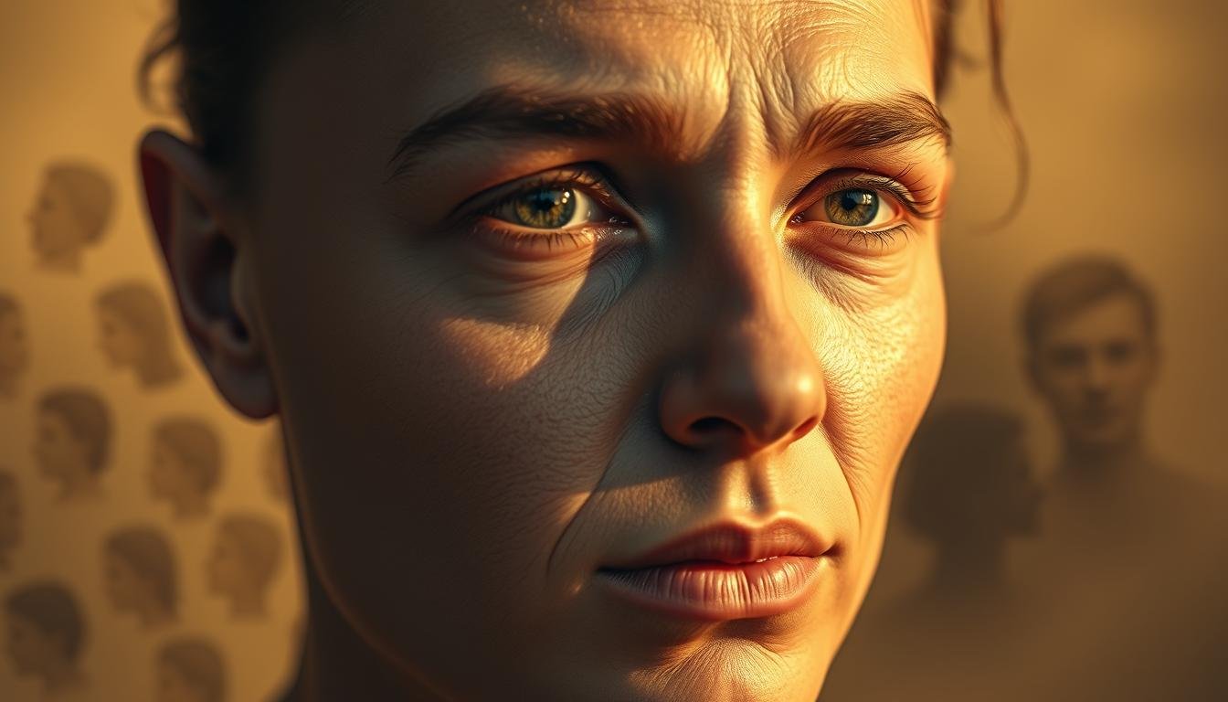 A detailed analysis of facial features and their intricate relationships, showcasing the comprehensive nature of physiognomy. In the foreground, a close-up of a serene, thoughtful face, with meticulously rendered textures and subtle contours. The middle ground features an array of smaller facial profiles, hinting at the multifaceted interpretations of this ancient art. The background is a softly blurred, muted palette, allowing the subject to take center stage. Warm, natural lighting casts gentle shadows, accentuating the depth and complexity of this holistic approach to face reading. The overall mood is one of contemplation and insight, inviting the viewer to delve deeper into the fascinating realm of physiognomy.