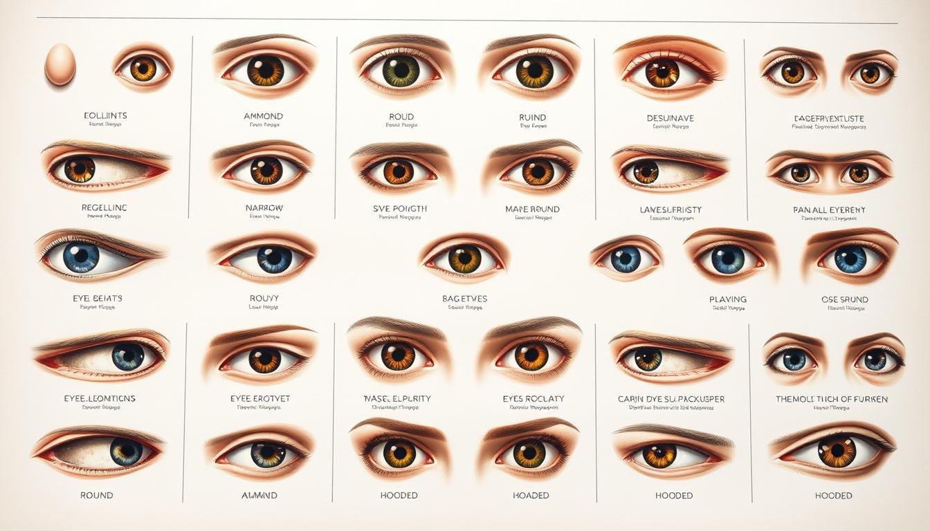 A detailed analysis of various eye shapes, showcased in a neatly organized grid layout. The foreground features a set of realistic, high-resolution eye illustrations, each representing a distinct eye type, such as almond, round, narrow, and hooded. The middle ground provides informative captions and visual cues, guiding the viewer's understanding of the unique features and characteristics of each eye shape. The background is a soft, neutral color palette, allowing the eye illustrations to take center stage and convey a sense of scientific study and observation. Lighting is natural and evenly distributed, creating depth and dimensionality, while the camera angle is slightly elevated to provide a comprehensive view of the subject matter. The overall mood is one of educational clarity and aesthetic appeal, inviting the viewer to explore the intricacies of facial features and their potential insights into personal destiny.
