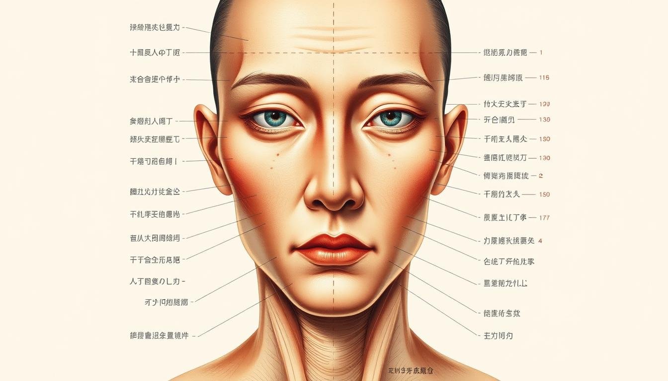 A detailed anatomical diagram of a human face, meticulously rendered in a scientific, technical style. The illustration showcases the various lucky mole and birthmark positions across the facial features, with precise labeling and annotations. Soft, natural lighting illuminates the skin tones, creating depth and dimension. The composition is balanced, with the face occupying the central focus, surrounded by a neutral, minimalist background that allows the subject to take center stage. The overall atmosphere is one of clinical precision and scholarly study, emphasizing the importance of this traditional Chinese physiognomy practice.