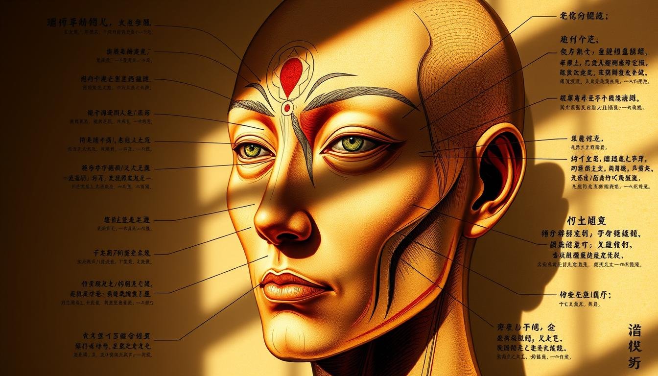 A detailed anatomical diagram showcasing the intricate techniques of observing the Yintang, or third eye region, of the face. Rendered in a meticulous, scientific style with precise annotations highlighting key facial landmarks, pressure points, and analysis methods. Subtle warm lighting casts dramatic shadows, emphasizing the depth and contours of the facial features. The overall mood is one of focused examination, inviting the viewer to closely study the nuances of this ancient physiognomic practice. A detailed anatomical diagram showcasing the intricate techniques of observing the Yintang, or third eye region, of the face. Rendered in a meticulous, scientific style with precise annotations highlighting key facial landmarks, pressure points, and analysis methods. Subtle warm lighting casts dramatic shadows, emphasizing the depth and contours of the facial features. The overall mood is one of focused examination, inviting the viewer to closely study the nuances of this ancient physiognomic practice.