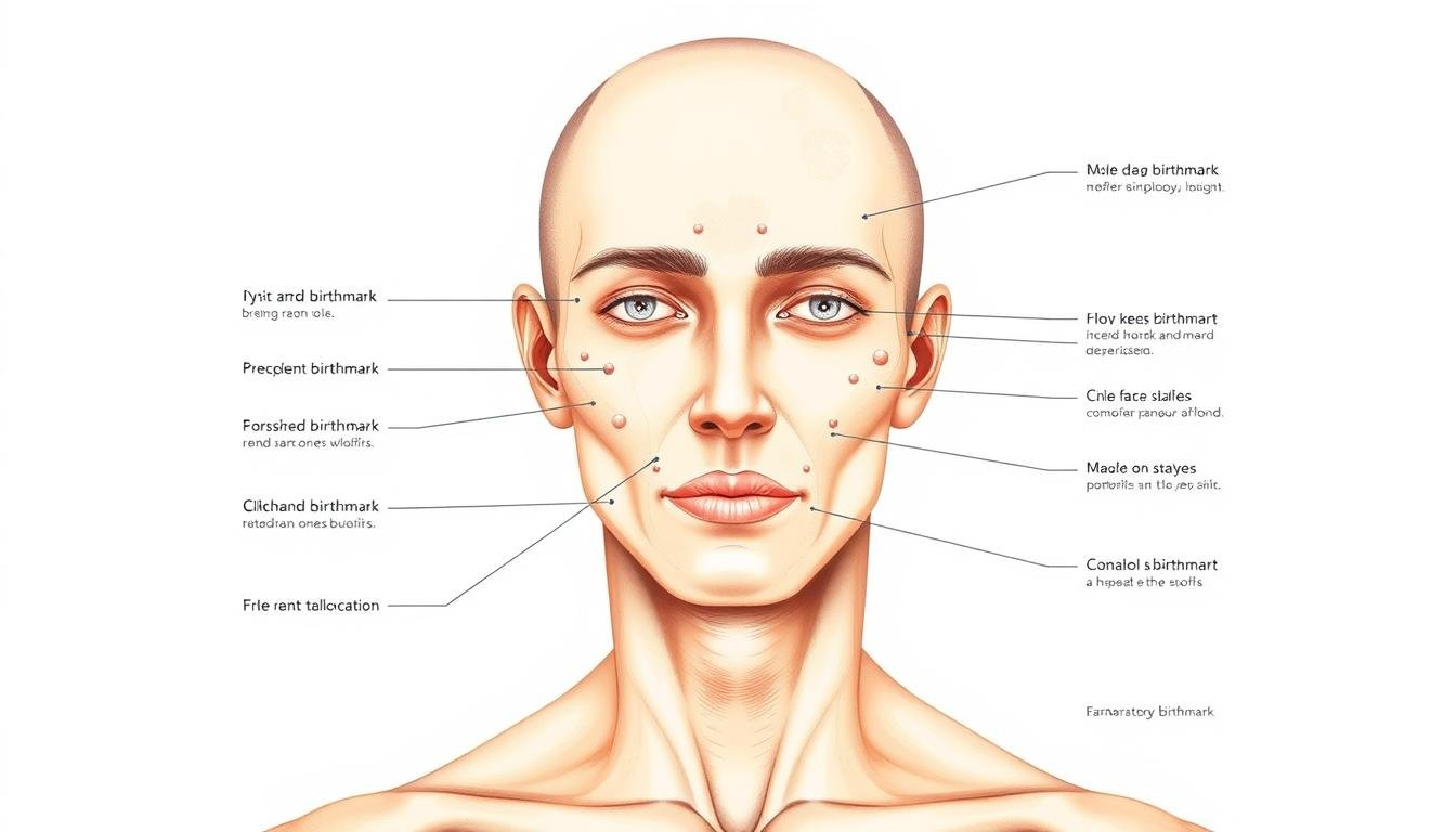 A detailed anatomical diagram showcasing the various mole and birthmark locations on the human face and body, rendered in a realistic and scientific style. The illustration depicts a neutral-toned human figure against a plain white background, with key mole and birthmark positions clearly highlighted and labeled in a concise, informative manner. The lighting is even and diffuse, emphasizing the contours and textures of the skin. The overall mood is clinical yet aesthetically pleasing, suitable for an educational medical or esoteric publication.