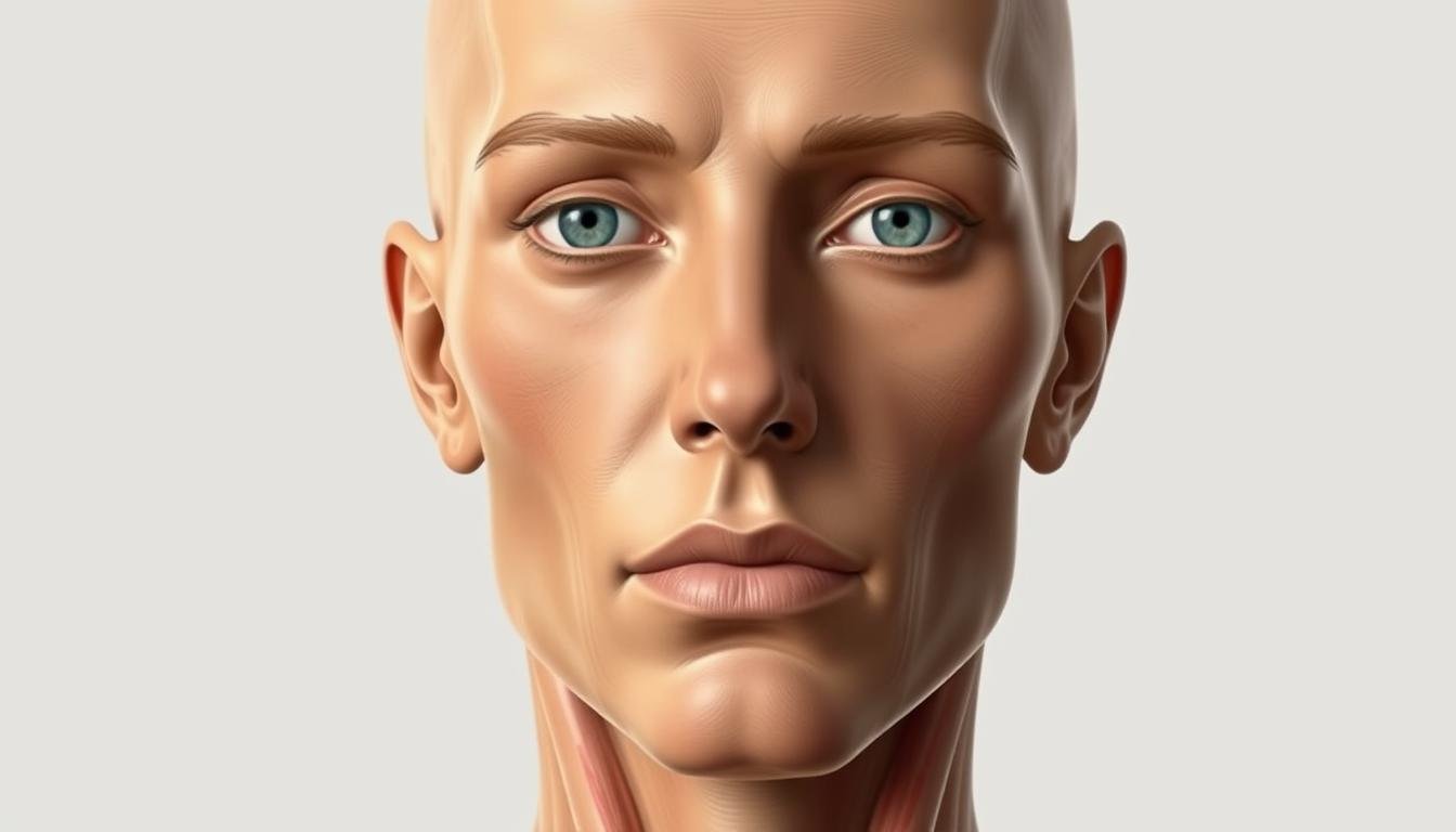 A detailed anatomical illustration of a human face, showcasing the key facial features according to the principles of physiognomy. The subject is presented with a neutral, frontal expression, illuminated by soft, diffused lighting that highlights the contours and textures of the skin. The rendering style is precise and technical, with a focus on accurately depicting the various elements of the face, such as the eyes, nose, mouth, and ears, as well as the underlying bone structure and musculature. The background is clean and minimalist, allowing the facial features to be the central focus of the image.