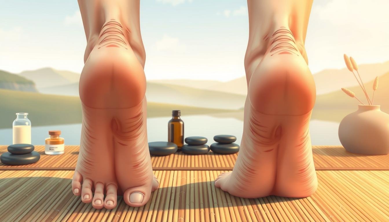 A detailed, anatomical illustration of human feet showcasing various acupressure points and massage techniques. The feet are rendered in high resolution, with a muted color palette and soft, natural lighting to emphasize the organic, therapeutic nature of the scene. The foreground focuses on the inner and outer contours of the feet, highlighting pressure points along the soles, heels, and ankles. The middle ground reveals a serene, minimalist setting, with soothing elements like river stones, essential oils, and a bamboo mat to set the mood for holistic foot care. The background subtly fades into a serene, nature-inspired landscape, conveying a sense of balance and well-being. The overall composition is visually striking yet calming, perfectly suited to illustrate the benefits of foot reflexology and acupuncture for improving one's health and fortune.