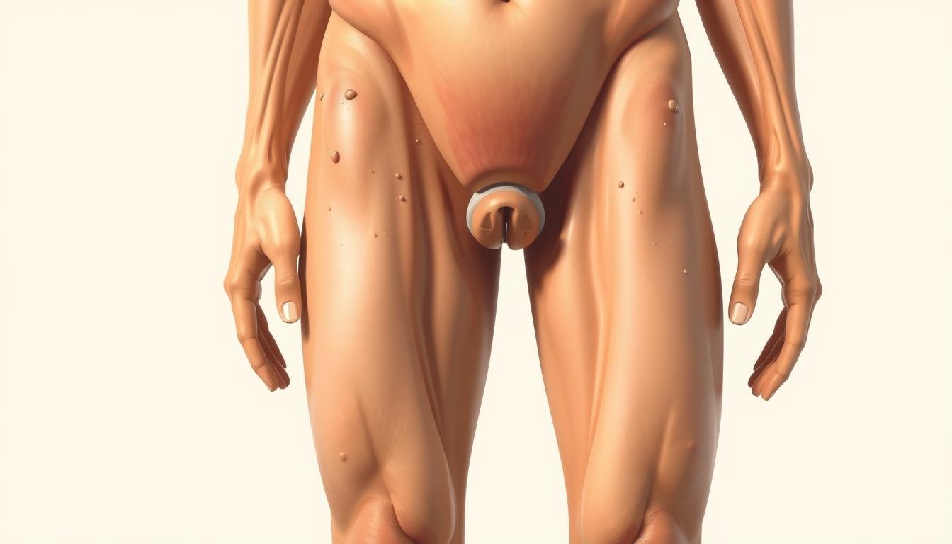 A detailed anatomical illustration of the human body, showcasing the various moles, birthmarks, and skin blemishes found across different regions. The image is rendered in a clean, scientific style using a warm color palette, with a focus on accurate depiction of skin tones and textures. The subject is shot from a slightly elevated perspective, allowing for a comprehensive view of the entire form. The lighting is soft and diffused, creating gentle shadows that accentuate the contours of the body. The background is a neutral, off-white tone, keeping the emphasis solely on the subject matter. The overall mood is one of clinical precision and educational intent, suitable for inclusion in a professional analysis of physiognomic features.