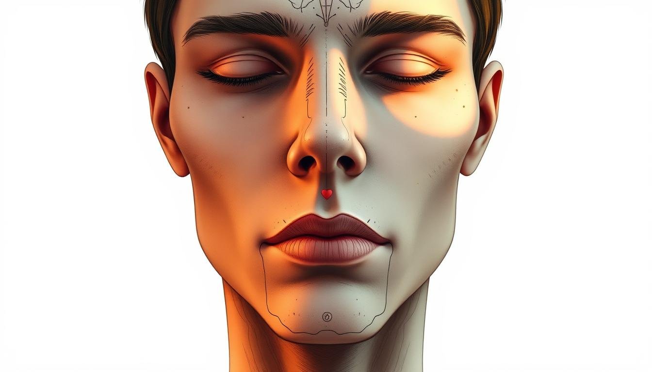 A detailed anatomical illustration of the nose and mouth area, showcasing the subtle markings and moles that reveal insights into one's fate and destiny. The subject is lit by a warm, natural light, casting gentle shadows that accentuate the contours of the facial features. The composition is centered, with a clean, minimalist background that allows the subject to take center stage. The level of detail is high, capturing the unique patterns and variations of the moles and blemishes, conveying a sense of mystery and intrigue. The overall mood is contemplative and insightful, inviting the viewer to study the face and interpret the hidden meanings within.