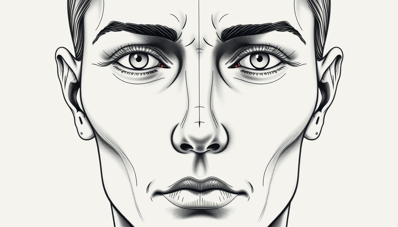 A detailed, anatomical illustration of the symmetrical facial features centered around the nasal axis, showcasing the prominent cheekbones. Rendered in a scientific, clinical style with precise linework and subtle highlights, capturing the structure and interconnectedness of the facial architecture. Lit from the side to accentuate the contours, with a neutral, contemplative mood suitable for an educational article on facial analysis and physiognomy.
