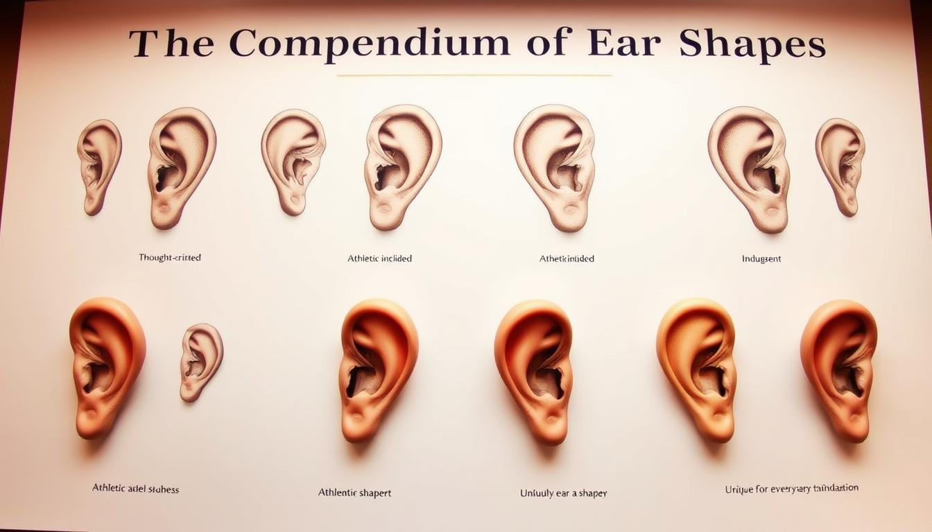 A detailed and comprehensive illustration of "The Compendium of Ear Shapes": a meticulously rendered series of ear profiles, showcasing the distinct characteristics of thought-oriented, athletically inclined, indulgent, and uniquely shaped ears. The image is captured with a sharp focus, using a wide-angle lens to provide a comprehensive view. Warm, natural lighting emphasizes the intricate details of the ear structures, while a clean, minimalist background allows the subject to take center stage. The overall mood is one of scientific observation and visual education, inviting the viewer to explore the secrets hidden in the shapes and contours of the human ear.