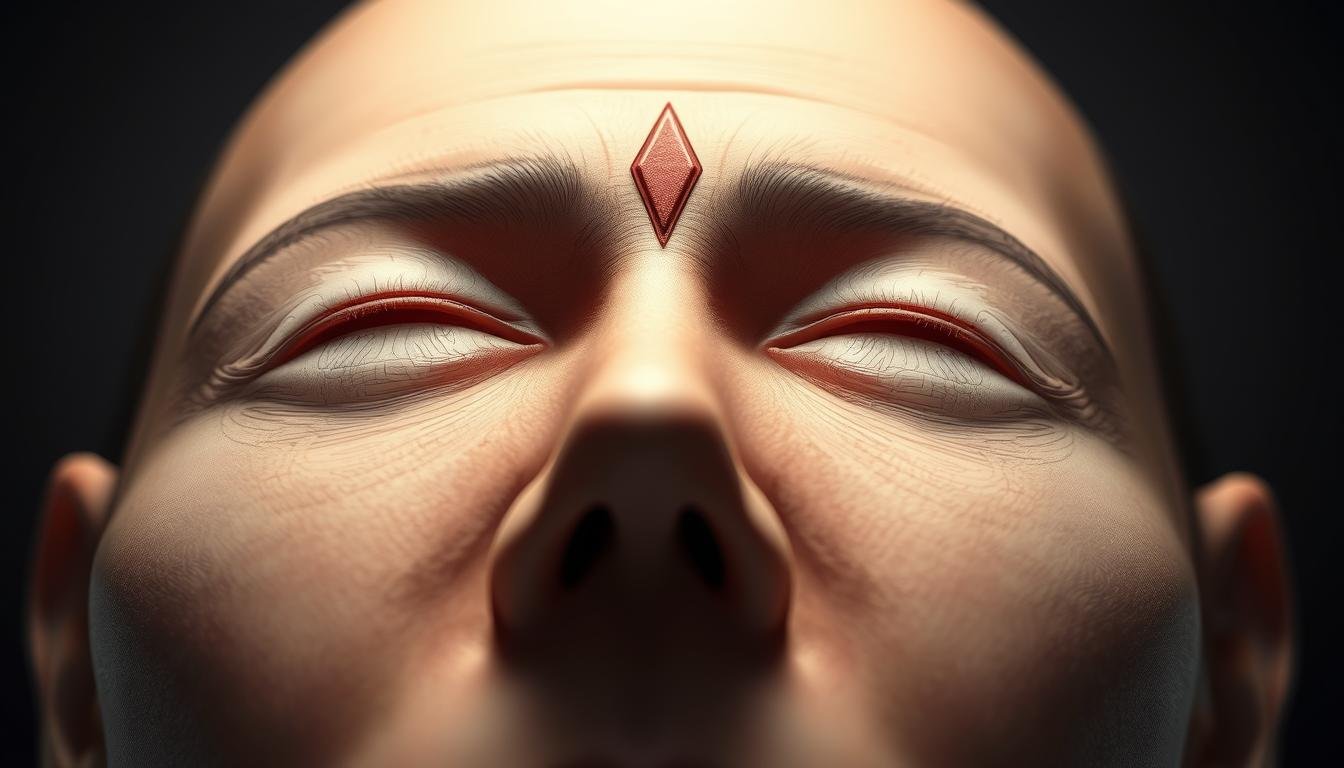 A detailed and intricate illustration of the physiognomic characteristics of the "Yintang" or the "third eye" region of the face. The image depicts a close-up view of the forehead, showcasing the finer nuances and contours that reveal insights into an individual's personality, intuition, and spiritual nature. Rendered in a realistic, high-resolution style, the image captures the subtle shadows, highlights, and textures that define this area of the face, allowing for a comprehensive analysis of its shape, size, and positioning. The lighting is soft and diffused, creating a contemplative and introspective atmosphere, while the angle and composition draw the viewer's focus solely to the Yintang, emphasizing its significance in the ancient art of physiognomy. A detailed and intricate illustration of the physiognomic characteristics of the "Yintang" or the "third eye" region of the face. The image depicts a close-up view of the forehead, showcasing the finer nuances and contours that reveal insights into an individual's personality, intuition, and spiritual nature. Rendered in a realistic, high-resolution style, the image captures the subtle shadows, highlights, and textures that define this area of the face, allowing for a comprehensive analysis of its shape, size, and positioning. The lighting is soft and diffused, creating a contemplative and introspective atmosphere, while the angle and composition draw the viewer's focus solely to the Yintang, emphasizing its significance in the ancient art of physiognomy.