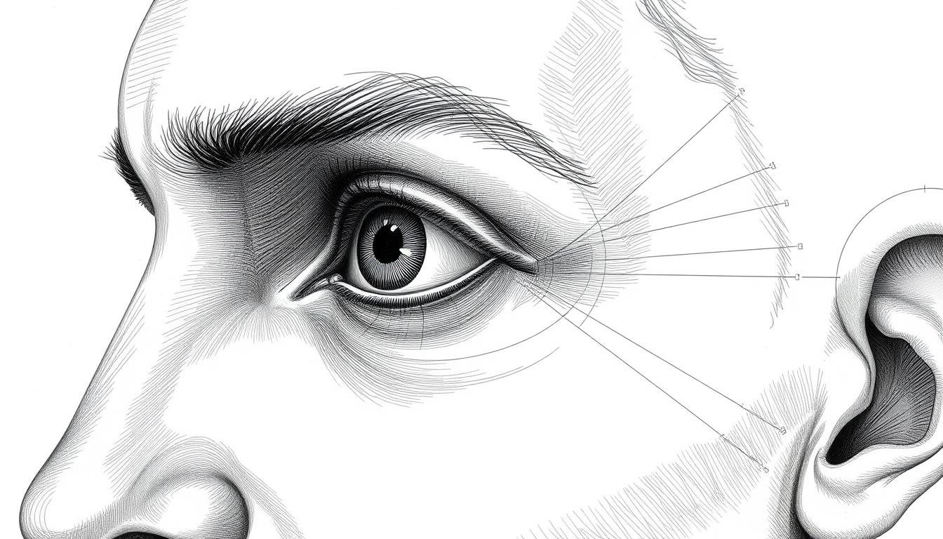 A detailed and scientifically accurate illustration of the key facial features used in physiognomy analysis, specifically the eye region. Precisely rendered with a combination of photorealistic and technical drawing styles, showcasing the intricate details, structures, and nuances that practitioners of this ancient art would examine. The image should have a neutral, almost clinical tone, capturing the intellectual and scholarly nature of the subject matter, while remaining visually engaging. Careful lighting and composition to highlight the key elements, with a plain, uncluttered background that allows the facial features to be the central focus. A detailed and scientifically accurate illustration of the key facial features used in physiognomy analysis, specifically the eye region. Precisely rendered with a combination of photorealistic and technical drawing styles, showcasing the intricate details, structures, and nuances that practitioners of this ancient art would examine. The image should have a neutral, almost clinical tone, capturing the intellectual and scholarly nature of the subject matter, while remaining visually engaging. Careful lighting and composition to highlight the key elements, with a plain, uncluttered background that allows the facial features to be the central focus.