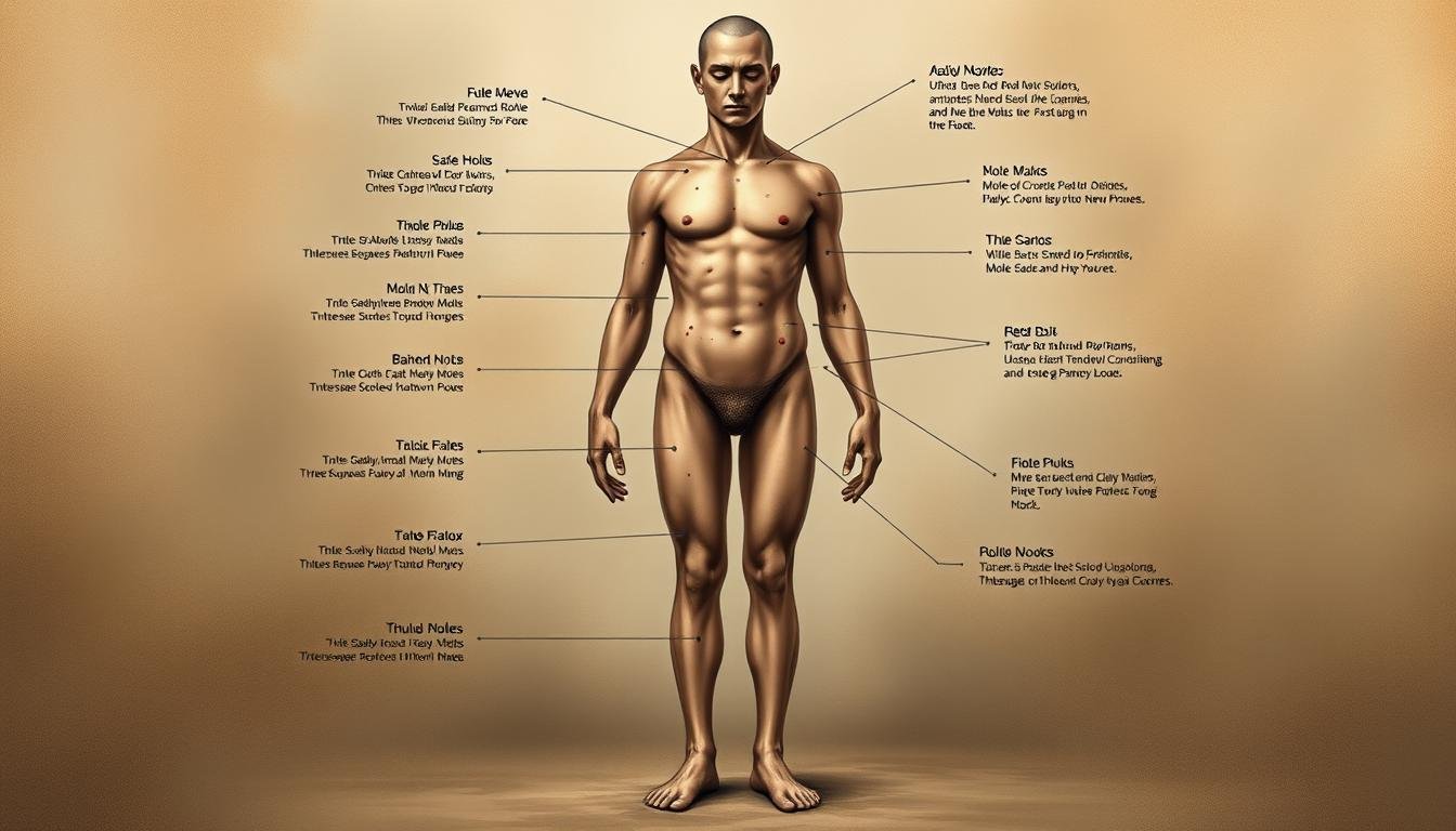A detailed and visually striking illustration of the meanings and implications of moles, birthmarks, and other skin markings across the human body. A central figure stands in a contemplative pose, their torso and limbs highlighted to showcase the various mole placements and their associated readings in the art of physiognomy. The background is a harmonious blend of muted, earthy tones, creating a serene, meditative atmosphere. Soft, diffused lighting casts subtle shadows, emphasizing the subject's features and the symbolic significance of their bodily "map." The image conveys a sense of ancient wisdom and the deep connections between the physical self and the realm of fate and fortune.