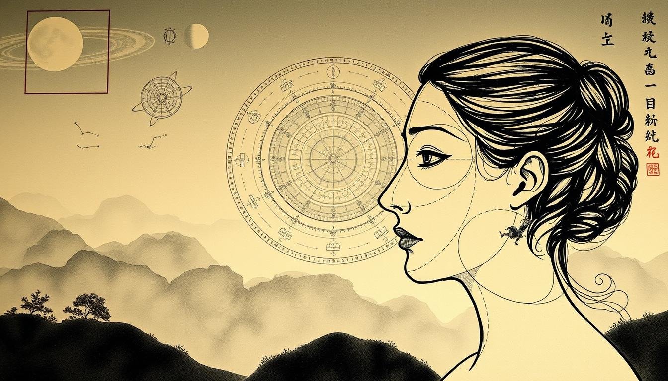 A detailed astrological chart depicting the "Three Stops" concept in face reading analysis. In the foreground, a delicate ink painting of a serene human face in profile, with intricate lines and markings highlighting the three key facial regions - the upper, middle, and lower stops. In the middle ground, an array of celestial imagery - constellations, planets, and phases of the moon - symbolizing the interconnectedness of facial features and cosmic energies. The background features a misty, ethereal landscape with wisps of calligraphic Chinese characters, conveying the ancient wisdom and mystique of this traditional art form. Soft, ambient lighting casts a contemplative, otherworldly atmosphere, inviting the viewer to ponder the depth of knowledge contained within the "Three Stops" of face reading. A detailed astrological chart depicting the "Three Stops" concept in face reading analysis. In the foreground, a delicate ink painting of a serene human face in profile, with intricate lines and markings highlighting the three key facial regions - the upper, middle, and lower stops. In the middle ground, an array of celestial imagery - constellations, planets, and phases of the moon - symbolizing the interconnectedness of facial features and cosmic energies. The background features a misty, ethereal landscape with wisps of calligraphic Chinese characters, conveying the ancient wisdom and mystique of this traditional art form. Soft, ambient lighting casts a contemplative, otherworldly atmosphere, inviting the viewer to ponder the depth of knowledge contained within the "Three Stops" of face reading.