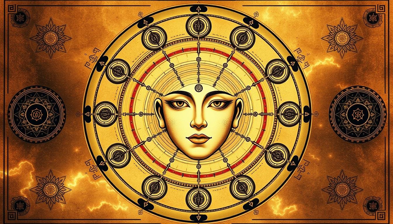 A detailed astrological chart depicting the Twelve Palaces of the Face, an ancient Chinese face reading system. In the center, a stylized human face divided into distinct zones, each representing a different aspect of personality and destiny. Surrounding it, a series of intricate mandalas and geometric shapes in muted, mystical tones, evoking the cosmic energies of the heavens. The entire composition bathed in a warm, ethereal light, suggesting the deep, esoteric knowledge hidden within the face's features. Rendered with a balance of technical precision and visionary imagination, evoking the profound insights of this ancient Chinese art of physiognomy. A detailed astrological chart depicting the Twelve Palaces of the Face, an ancient Chinese face reading system. In the center, a stylized human face divided into distinct zones, each representing a different aspect of personality and destiny. Surrounding it, a series of intricate mandalas and geometric shapes in muted, mystical tones, evoking the cosmic energies of the heavens. The entire composition bathed in a warm, ethereal light, suggesting the deep, esoteric knowledge hidden within the face's features. Rendered with a balance of technical precision and visionary imagination, evoking the profound insights of this ancient Chinese art of physiognomy.