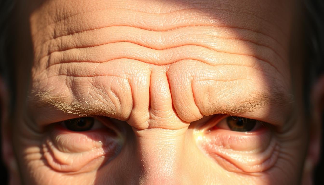 A detailed close-up analysis of the intricate wrinkle patterns on a human forehead, illuminated by soft natural lighting that accentuates the textural nuances. The forehead occupies the central focus, showcasing the various types of wrinkles and creases that form distinctive lines and grooves. The skin has a slight sheen, hinting at the underlying musculature and bone structure. The overall composition emphasizes the importance of these facial features in the ancient art of physiognomy, allowing the viewer to decipher the subject's character, temperament and destiny.