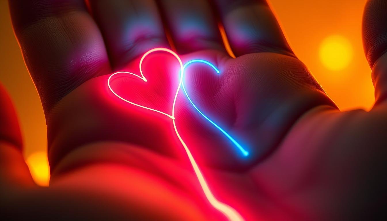A detailed close-up illustration of two intertwined, luminescent lines on a human palm - one representing the heart line, the other the life line. The lines glow softly, their vibrant hues shifting and pulsing as they intertwine, creating a captivating visual metaphor for the relationship between one's emotional and spiritual journeys. The palm fills the frame, bathed in warm, diffused lighting that casts gentle shadows, creating depth and dimension. The image conveys a sense of balance, connection, and the mystical power of the human hand to reveal the intricacies of one's innermost self.