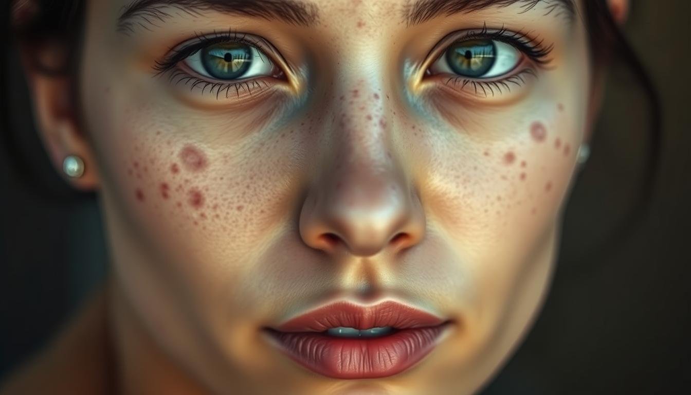 A detailed close-up of a female face, showcasing a variety of moles, birthmarks, and unique skin markings. The lighting is soft and flattering, accentuating the contours and texture of the skin. The background is blurred, keeping the focus on the intricate facial features. The mood is pensive and contemplative, inviting the viewer to study the hidden meanings and insights revealed by these special skin markings. The image captures the essence of the "特殊痣相與隱藏痣的深層含義" section, providing a visually striking illustration for the article on "面部痣的位置與意義". A detailed close-up of a female face, showcasing a variety of moles, birthmarks, and unique skin markings. The lighting is soft and flattering, accentuating the contours and texture of the skin. The background is blurred, keeping the focus on the intricate facial features. The mood is pensive and contemplative, inviting the viewer to study the hidden meanings and insights revealed by these special skin markings. The image captures the essence of the "特殊痣相與隱藏痣的深層含義" section, providing a visually striking illustration for the article on "面部痣的位置與意義".