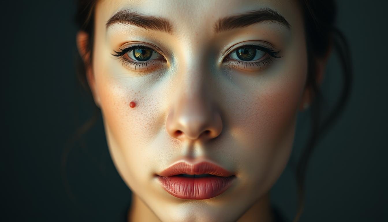 A detailed close-up of a female face, showcasing the intricate facial features and moles. The skin is luminous and flawless, with a soft, glowing light illuminating the subject's serene expression. The middle ground focuses on the placement and characteristics of the auspicious moles, capturing their distinct shapes, sizes, and positions on the face. The background is subtly blurred, allowing the facial details to take center stage. The overall mood is one of harmony, beauty, and the promise of good fortune, reflecting the significance of these auspicious facial marks. A detailed close-up of a female face, showcasing the intricate facial features and moles. The skin is luminous and flawless, with a soft, glowing light illuminating the subject's serene expression. The middle ground focuses on the placement and characteristics of the auspicious moles, capturing their distinct shapes, sizes, and positions on the face. The background is subtly blurred, allowing the facial details to take center stage. The overall mood is one of harmony, beauty, and the promise of good fortune, reflecting the significance of these auspicious facial marks.