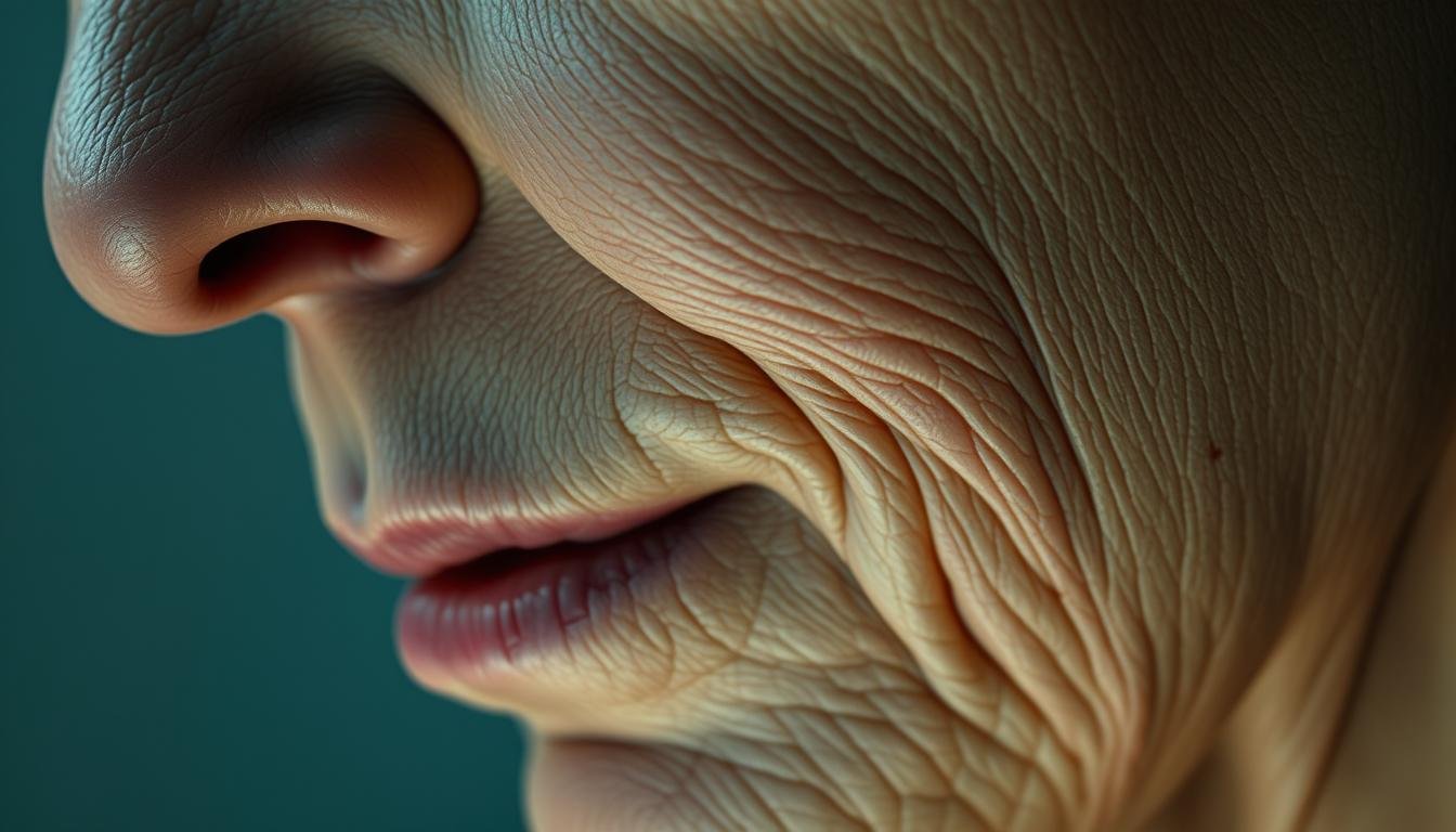 A detailed close-up of a human face, featuring a study of the skin around the mouth. The face is illuminated by soft, even lighting, creating subtle shadows and highlights that accentuate the texture and contours of the facial features. The focus is on the corners of the lips, where fine lines and wrinkles have formed, indicating a lifetime of expression and emotion. The skin has a natural, lifelike quality, with subtle variations in tone and blemishes that add to the realism of the subject. The background is blurred and out of focus, allowing the viewer to concentrate on the intricate details of the facial features. The overall mood is contemplative and analytical, inviting the viewer to examine the causes and implications of the facial lines.