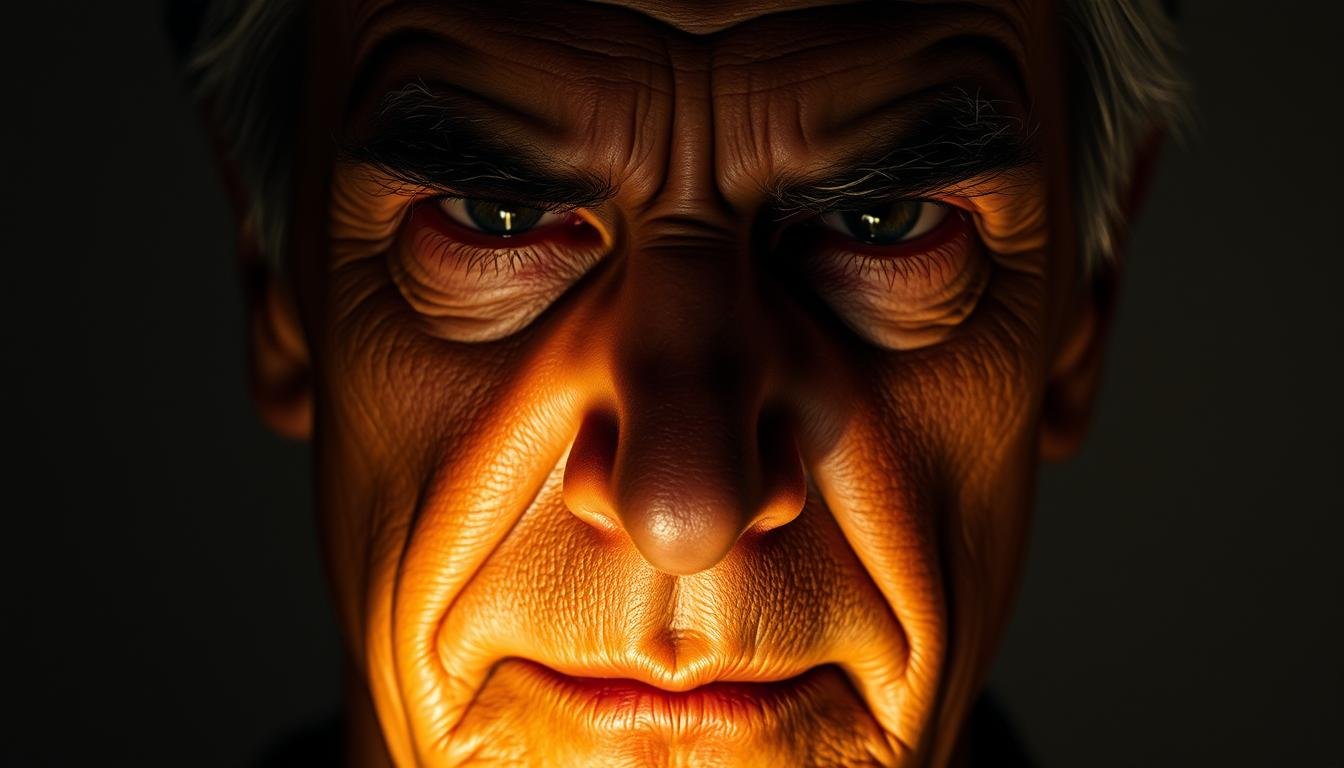 A detailed close-up of a human face with distinctive features, illuminated by a warm, soft light that highlights the contours and shadows. The face has narrowed, piercing eyes with a slightly downturned gaze, thick brows, and prominent cheekbones that create an intense, evaluating expression. The skin has a weathered, almost leathery texture, suggesting the subject has lived through many trials and tribulations. The background is a muted, neutral palette that allows the face to be the central focus, radiating a sense of deep contemplation and the weight of life's experiences.