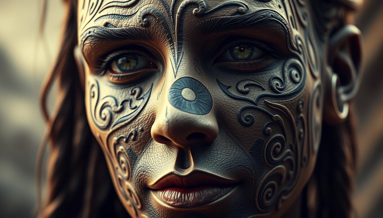 A detailed close-up of a human face with intricate, interconnected patterns and lines etched into the skin, forming a mystical, symbolic representation of yin-yang energies. The lighting is soft and diffused, highlighting the depth and texture of the facial features. The background is blurred, keeping the focus on the captivating visage. The overall impression is one of ancient wisdom, spiritual power, and the unseen forces that shape our lives.