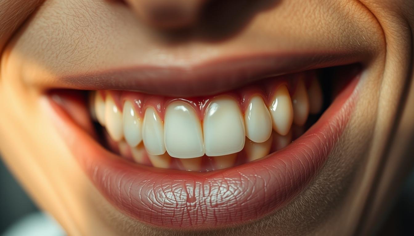 A detailed close-up of a human mouth and teeth, lit by warm, natural lighting. The teeth are the focal point, meticulously rendered with high resolution, revealing intricate textures, enamel patterns, and subtle variations in shade and color. The lips are slightly parted, showcasing the teeth in a neutral, contemplative expression. The background is softly blurred, drawing the viewer's attention to the mouth and dental features. The overall mood is one of clinical analysis, with a sense of studying the subject matter closely to discern insights about the individual's health and character.