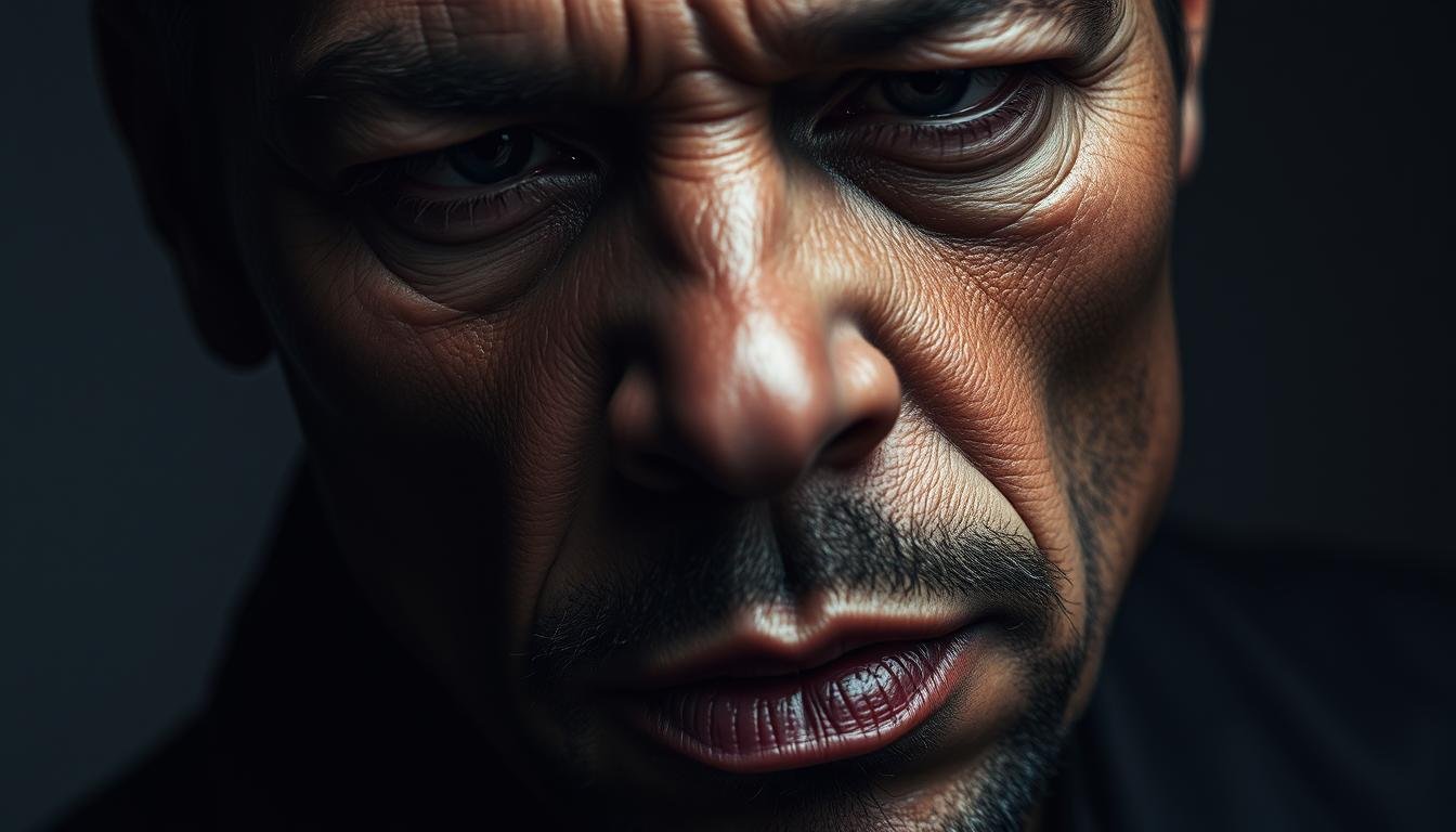 A detailed close-up of a man's face, showcasing the intricate features and contours that reveal insights into his character. The lighting is soft and even, gently accentuating the planes of the face and capturing the subtle nuances of expression. The lens is tight, filling the frame with the subject's visage, allowing the viewer to study the delicate lines and patterns that makeup the face. The mood is pensive and contemplative, inviting the viewer to discern the deeper meanings hidden within the facial features. The background is blurred and muted, keeping the focus solely on the expressive face and its captivating details.