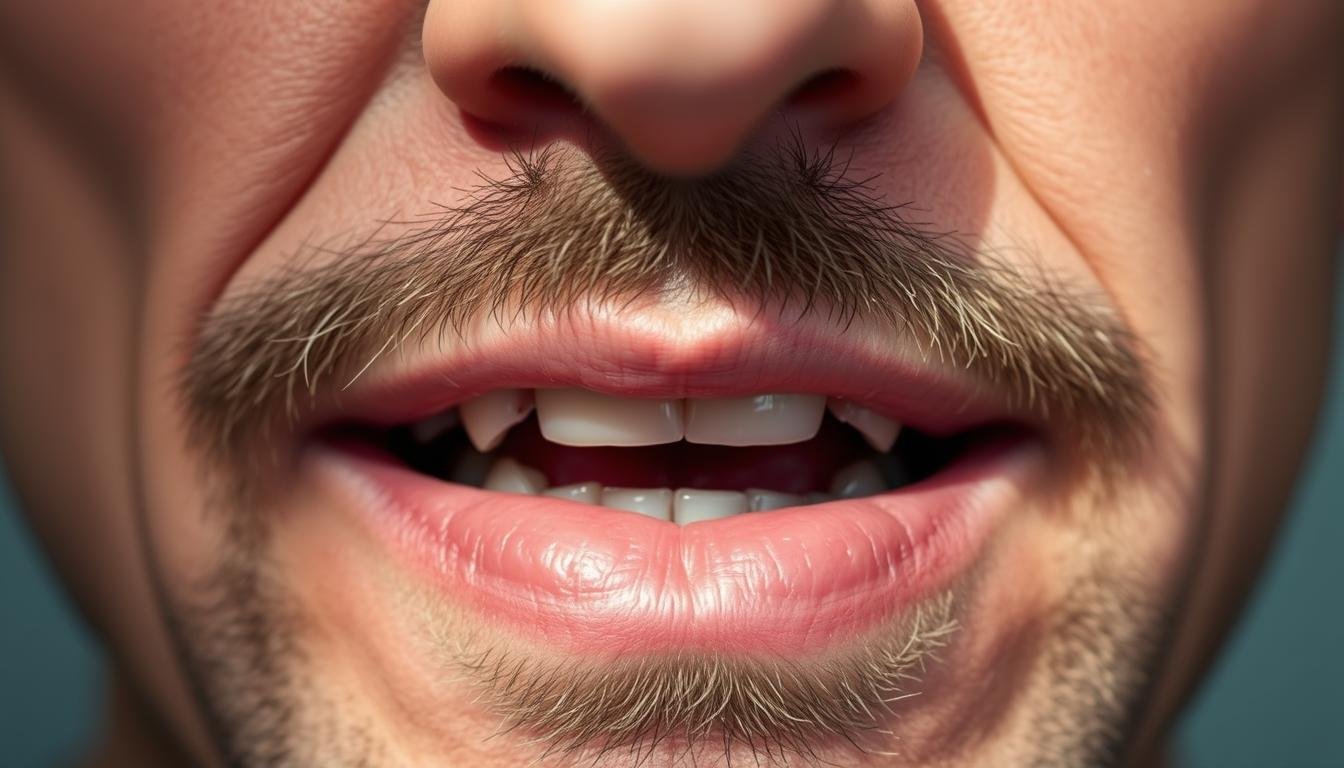 A detailed close-up of a man's mouth, centered in the frame. The lips are slightly parted, revealing well-kept teeth with subtle imperfections. The lighting casts soft shadows, accentuating the contours of the mouth and the defined philtrum above. The skin tone is natural, with a hint of ruddiness around the lips, suggesting good health. The overall mood is one of contemplation, hinting at the connection between the mouth, personality, and destiny as explored in the article.
