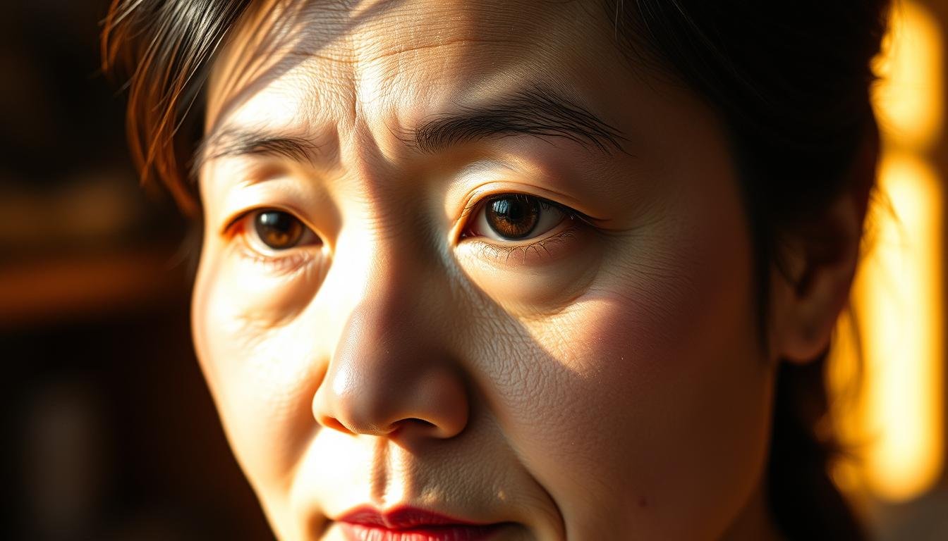 A detailed close-up of a pensive, middle-aged Asian woman's face, illuminated by warm, natural light. The focus is on her expressive eyebrows, which convey a sense of deep contemplation and inner wisdom. The eyebrows are well-groomed, with slight arches and a subtle asymmetry, suggesting a complex personality. The woman's gaze is directed slightly off-camera, giving the impression of an introspective, thoughtful demeanor. The image has a soft, dreamlike quality, highlighting the nuanced features that reveal insights into the subject's character and destiny.