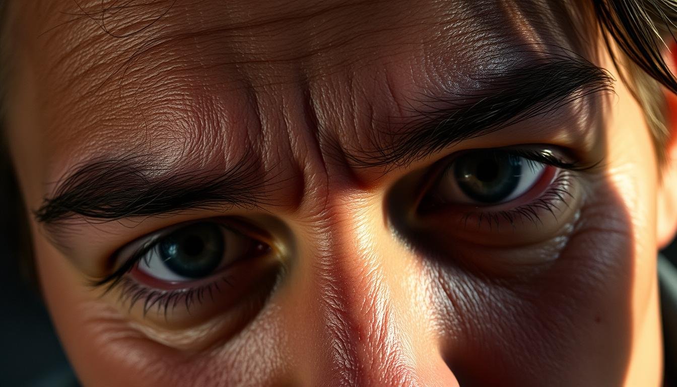 A detailed close-up of a person's face, focusing on the eyebrows. The eyebrows are slightly disheveled and uneven, with an unkempt, scattered appearance. The face is illuminated by soft, diffused lighting, casting subtle shadows that accentuate the eyebrow's unruly nature. The skin has a slightly weathered, lived-in texture, hinting at the subject's personality and experiences. The background is slightly blurred, keeping the attention firmly on the expressive eyebrows and their enigmatic storytelling. The overall mood is one of introspection and the revelation of hidden truths, as if the eyebrows hold the key to unlocking the subject's deeper nature.