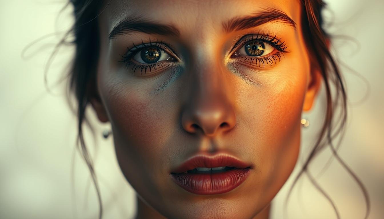 A detailed close-up of a woman's face, illuminated by soft, diffused lighting that highlights the unique features and contours of her face. The skin has a luminous, almost ethereal quality, with subtle imperfections that add character. The eyes are expressive and captivating, conveying a sense of wisdom and introspection. The nose and jawline have distinct, angular features that suggest an intriguing personality. The lips are full and slightly parted, hinting at unspoken thoughts. In the background, a hazy, dreamlike atmosphere creates a sense of mysticism and the unseen. The overall composition and mood evoke a profound understanding of the complex relationship between physical attributes and the deeper, unseen aspects of the human experience.