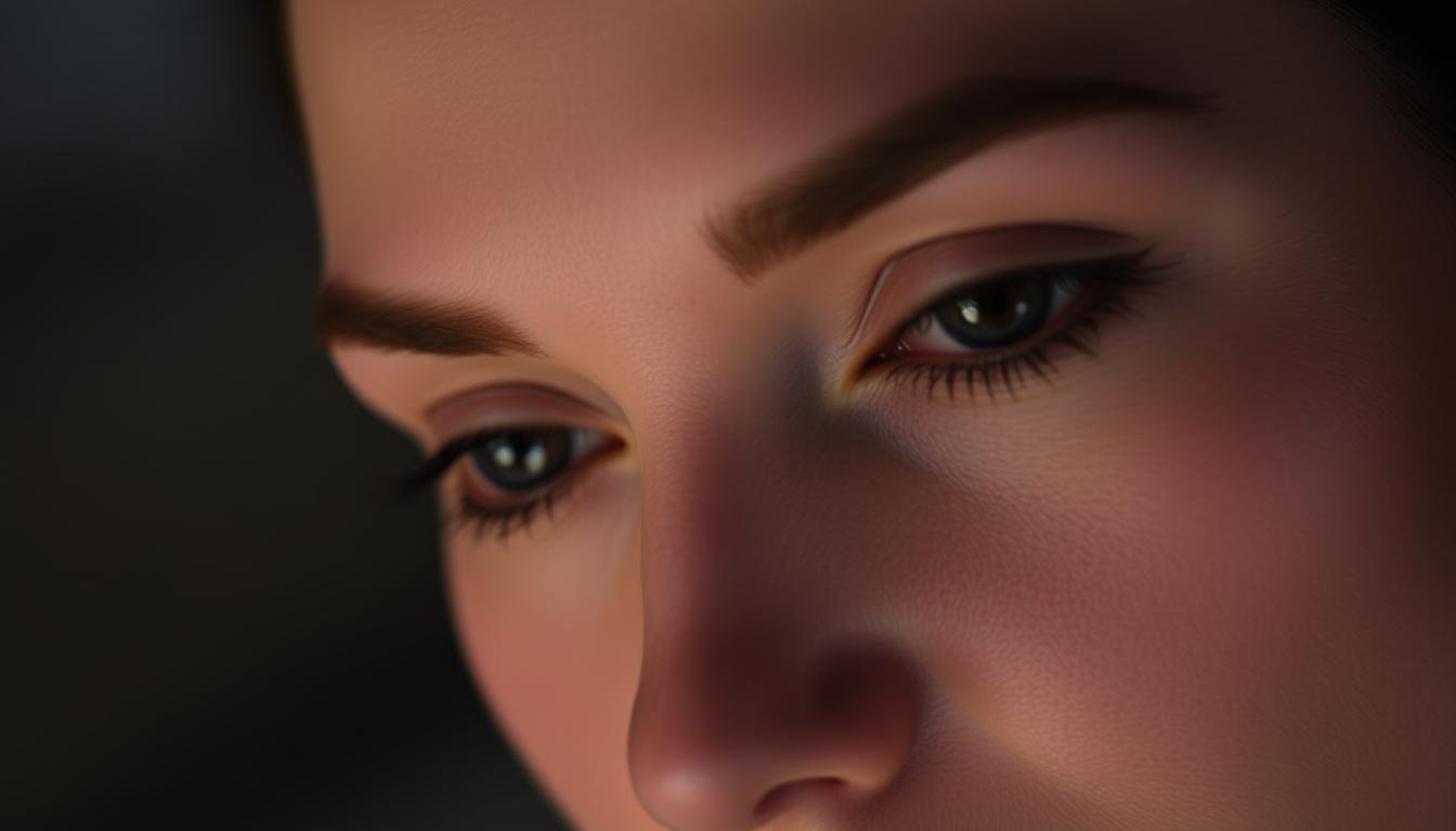 A detailed close-up of a woman's face, showcasing her eyebrows and the area around her temples. The lighting is soft and flattering, creating a warm, intimate atmosphere. The subject's eyebrows are subtly arched, conveying a sense of elegance and refinement. The skin around her temples appears slightly flushed, hinting at a delicate, feminine energy. The background is blurred, placing the focus entirely on the subject's facial features and their subtle, expressive qualities. The overall impression is one of understated beauty and a contemplative, introspective mood.